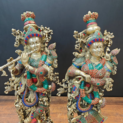 Brass Radha Krishna Idols with Lotus Base Stone Work 27 Inches by vendor-unknown - Hindu Gods (View 2)