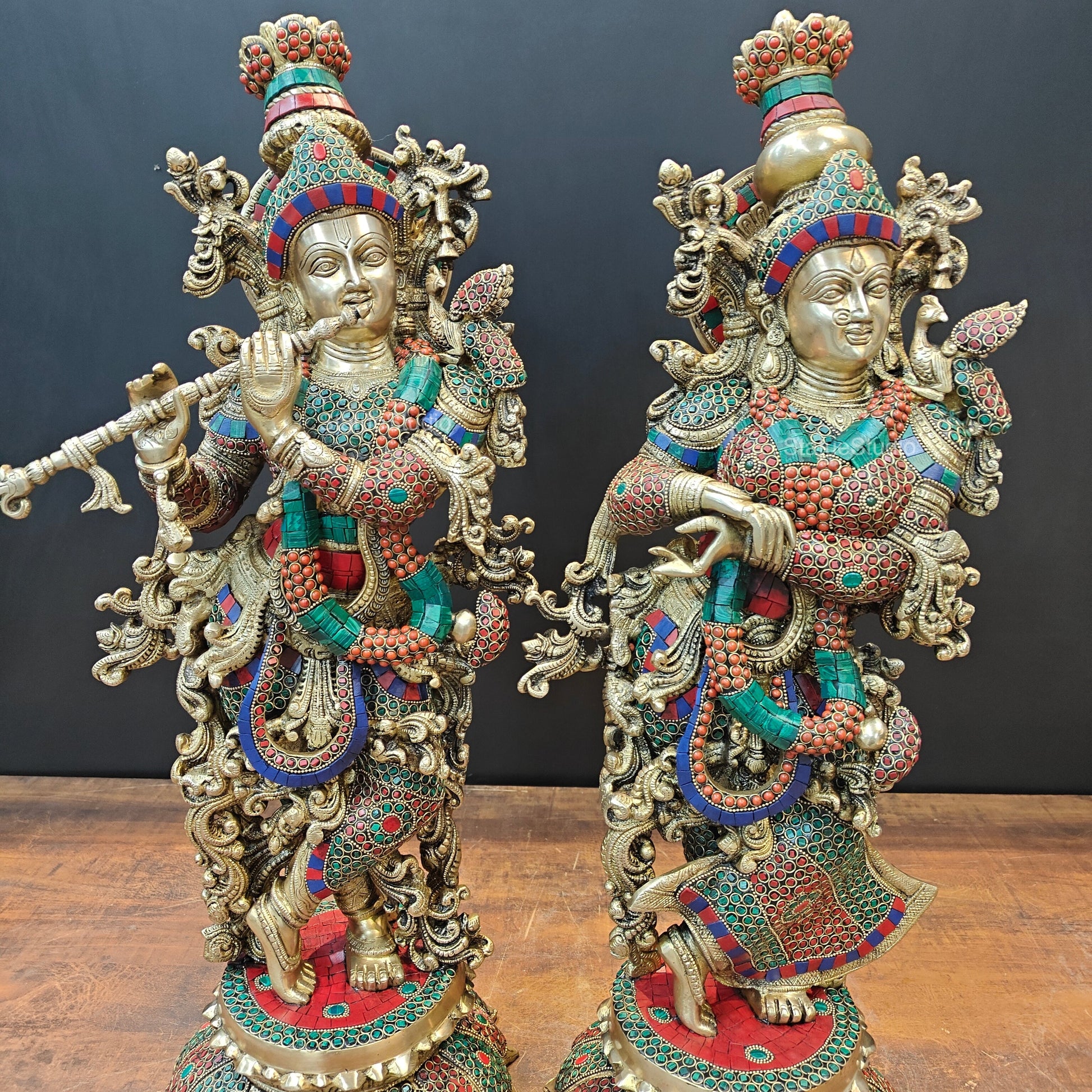 Brass Radha Krishna Idols with Lotus Base Stone Work 27 Inches - Image 5