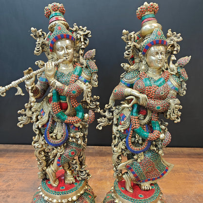 Brass Radha Krishna Idols with Lotus Base Stone Work 27 Inches by vendor-unknown - Hindu Gods (View 5)