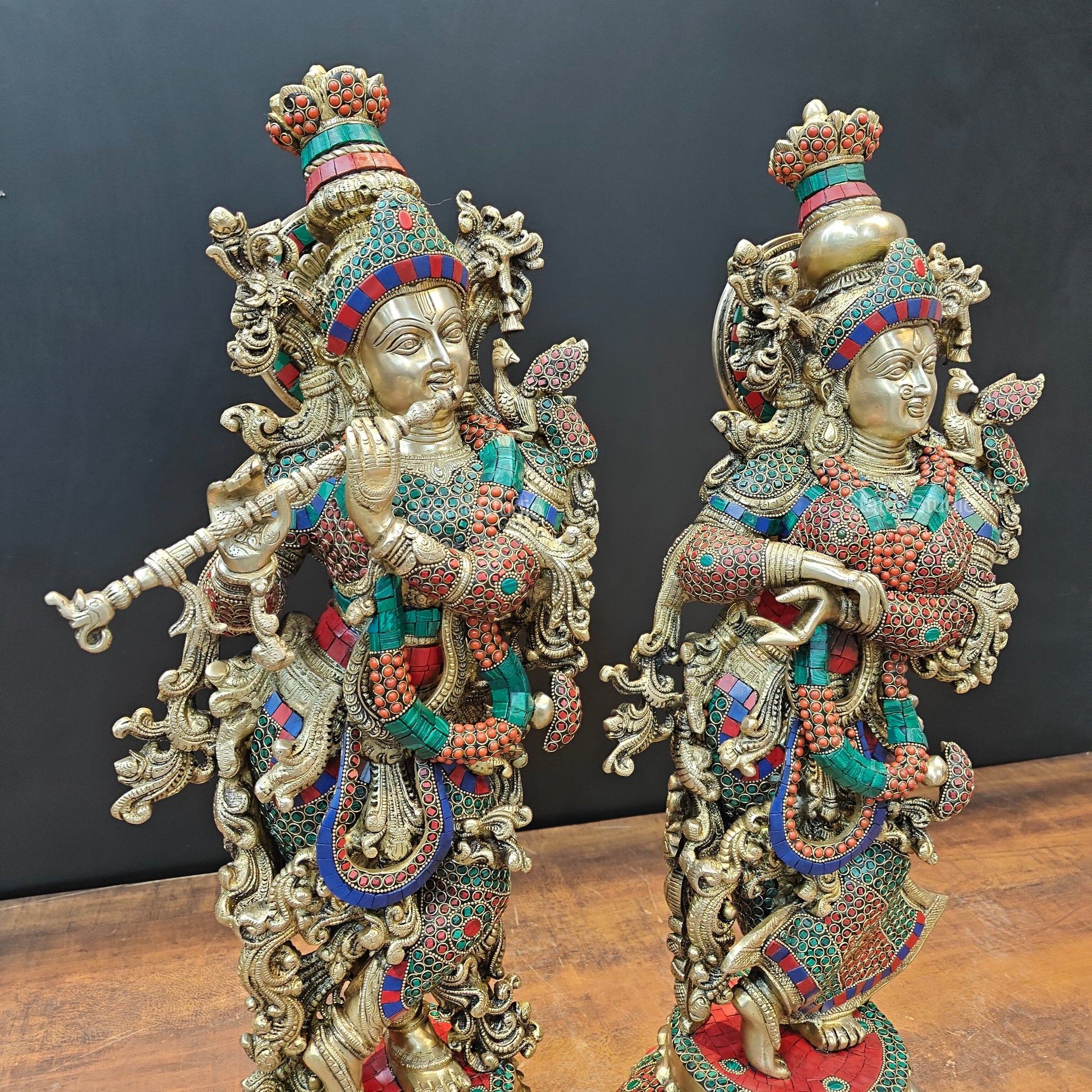 Brass Radha Krishna Idols with Lotus Base Stone Work 27 Inches - Image 6