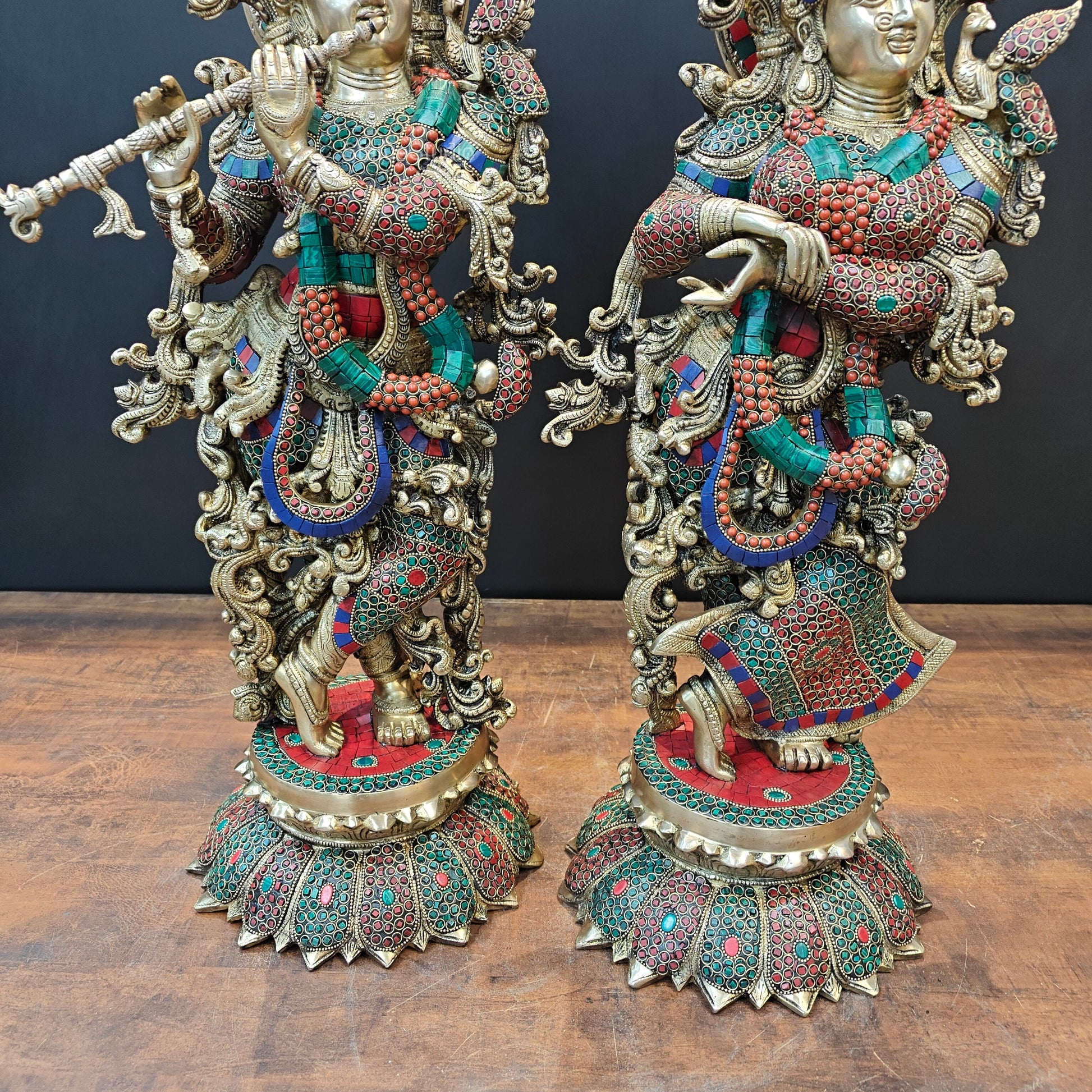 Brass Radha Krishna Idols with Lotus Base Stone Work 27 Inches - Image 7