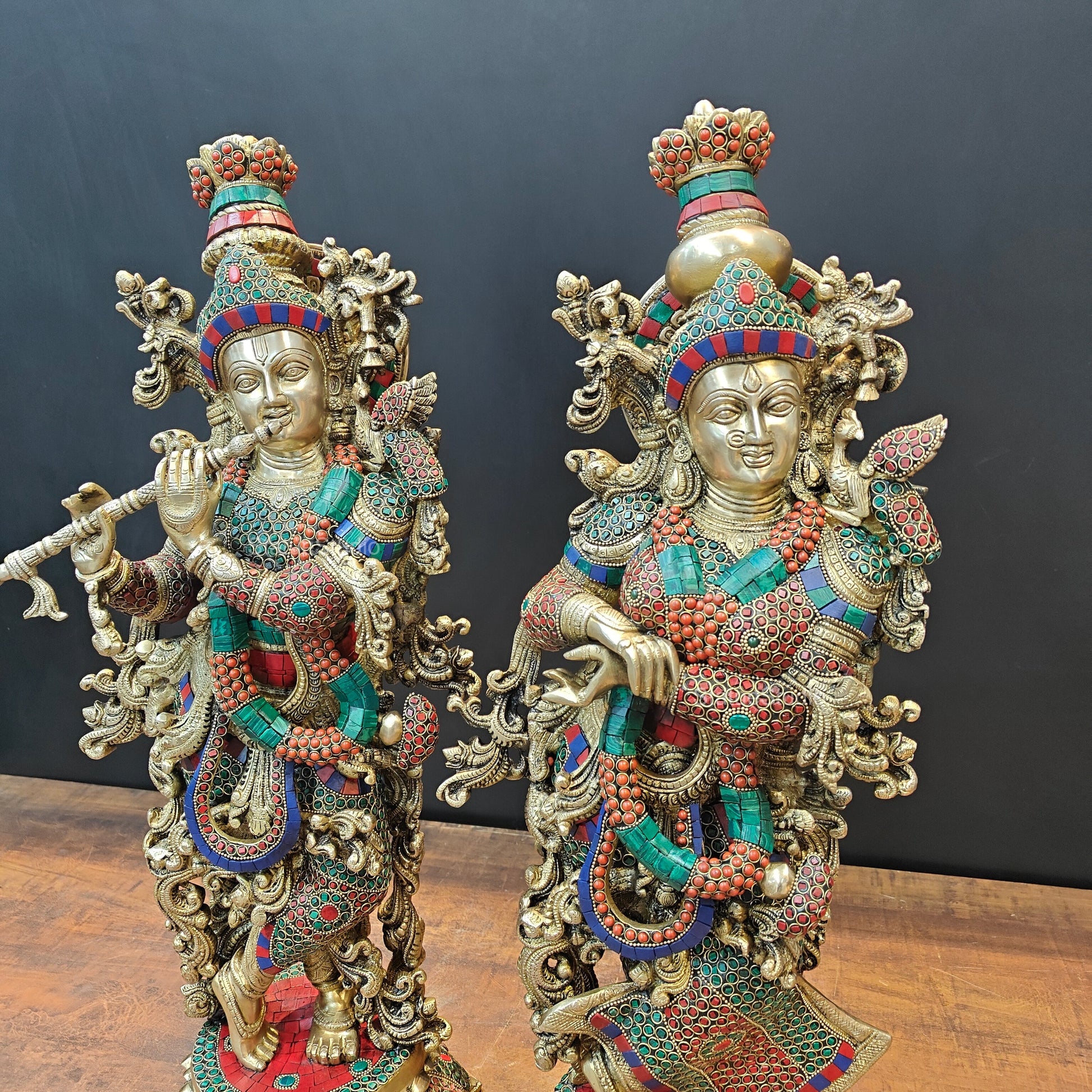 Brass Radha Krishna Idols with Lotus Base Stone Work 27 Inches - Image 8