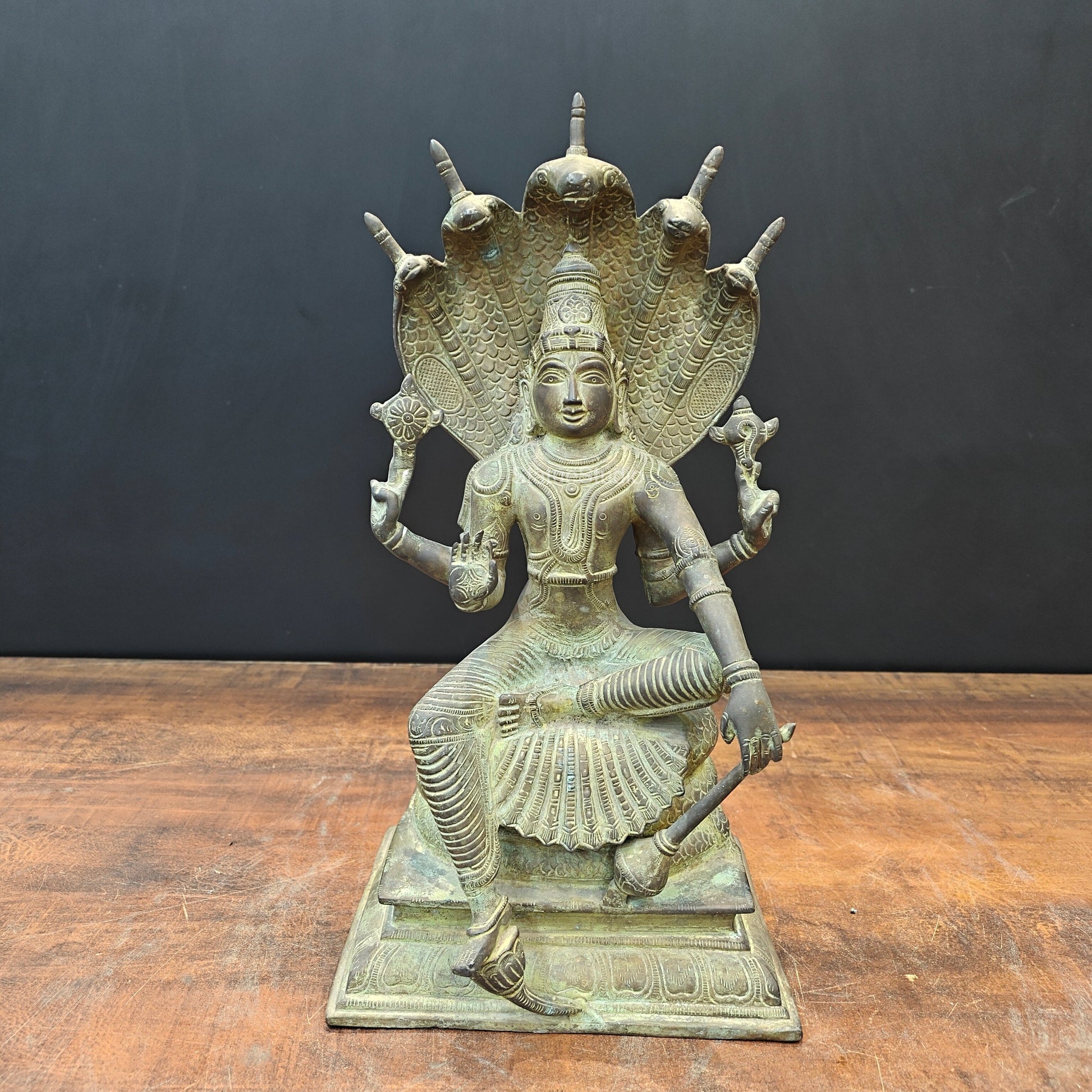 Brass Vishnu Statue Seated on Sheshnaag Antique Finish 16 Inch - Image 3