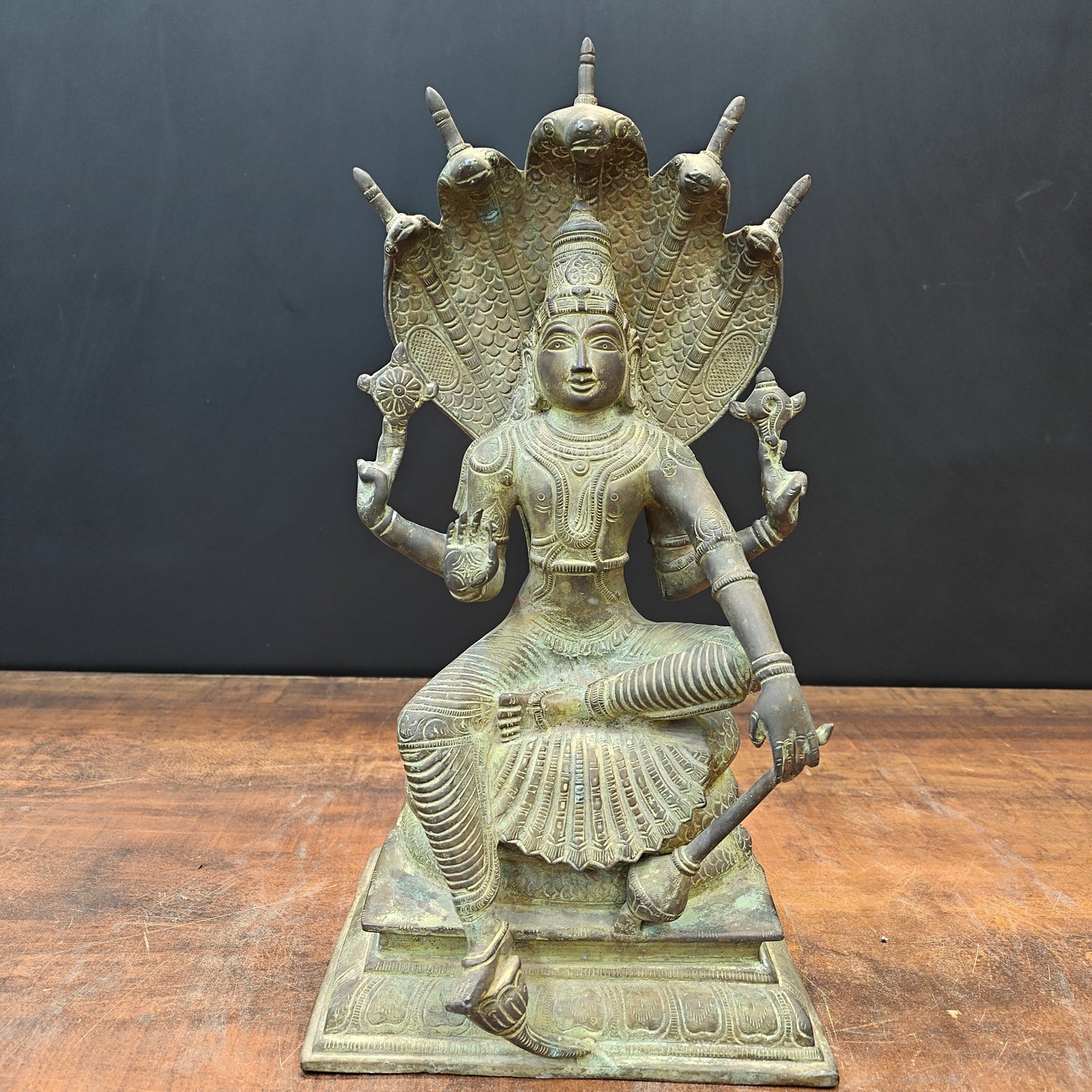 Brass Vishnu Statue Seated on Sheshnaag Antique Finish 16 Inch