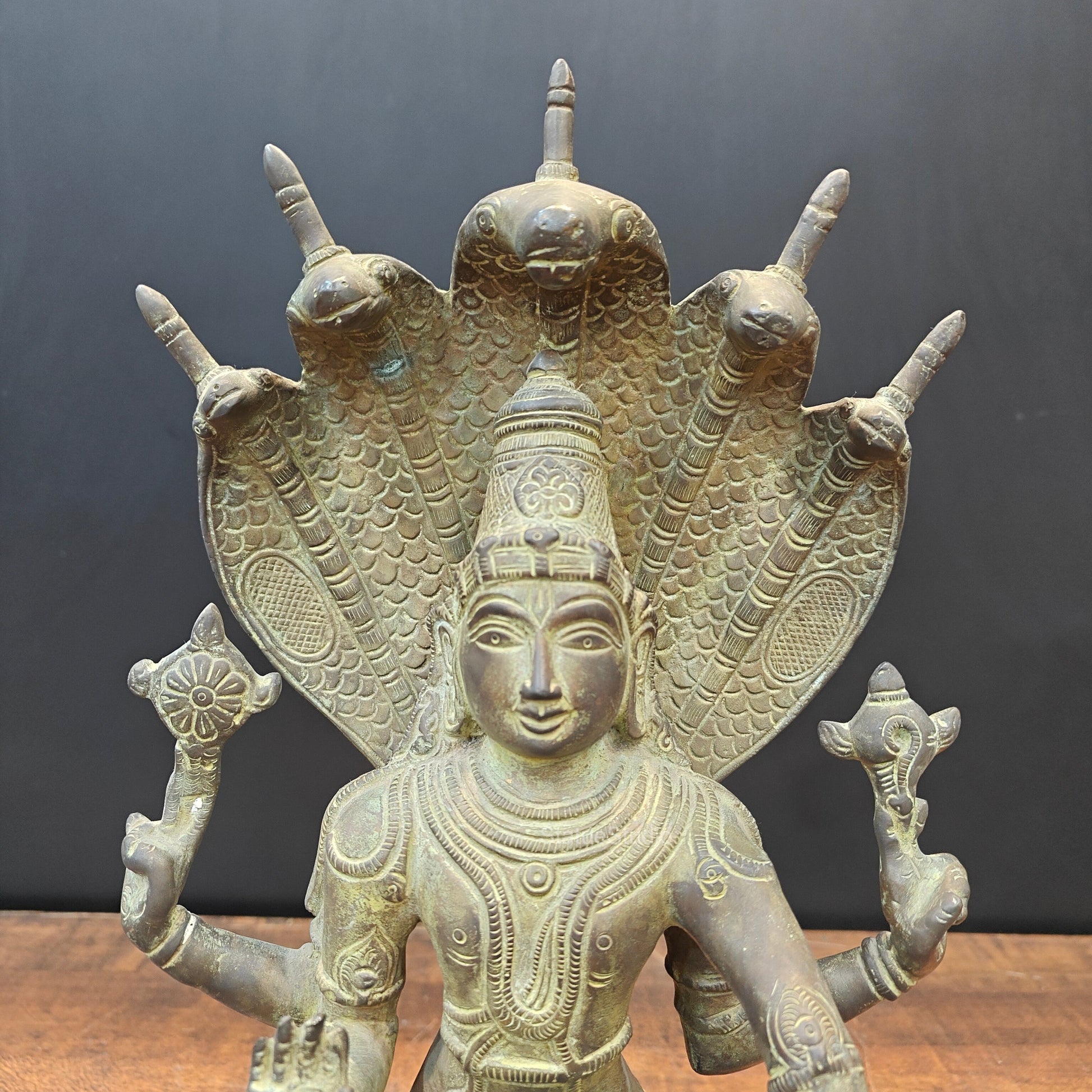 Brass Vishnu Statue Seated on Sheshnaag Antique Finish 16 Inch - Image 4