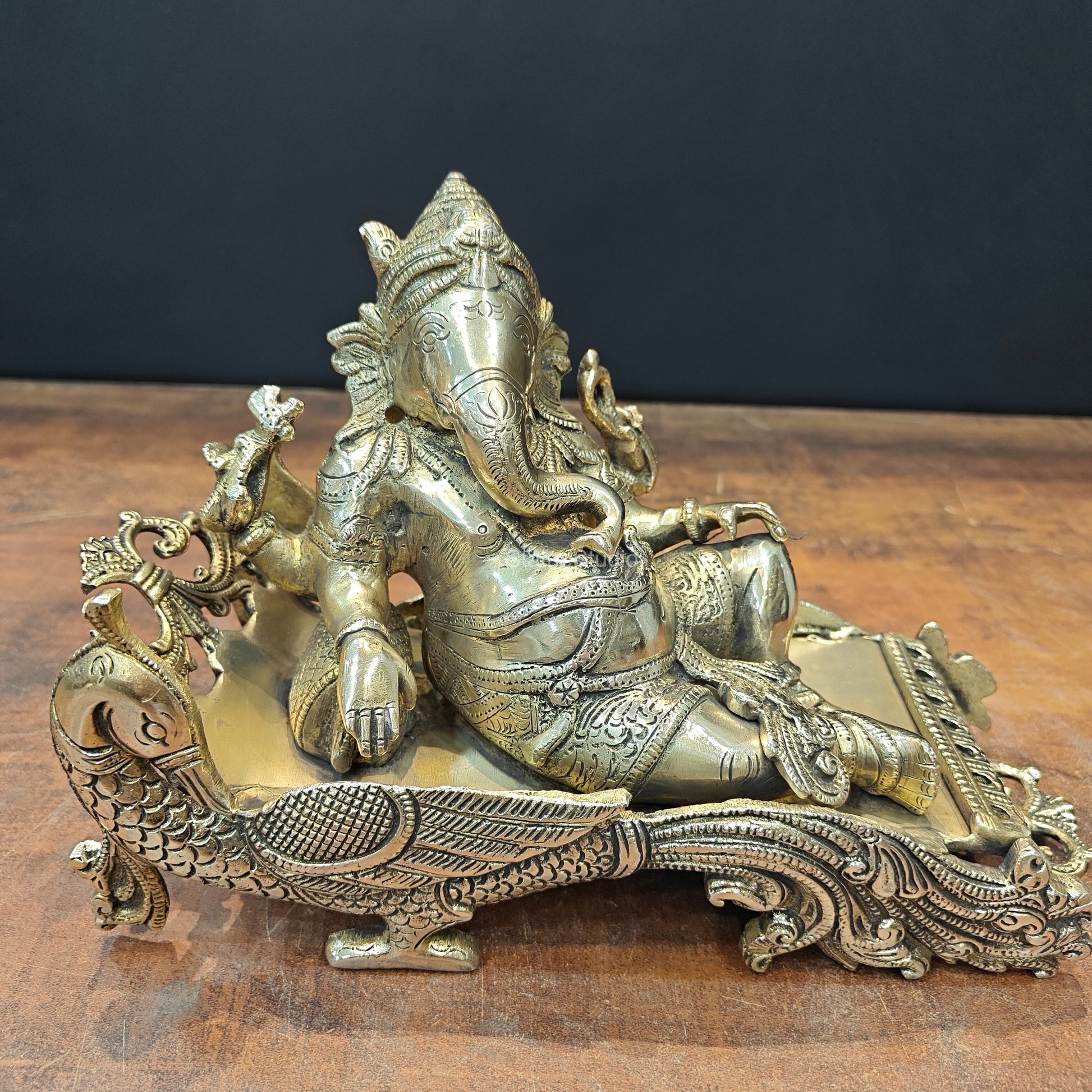 Brass Ganesha Idol Resting On Peacock Singhasan 10 Inch - Image 3