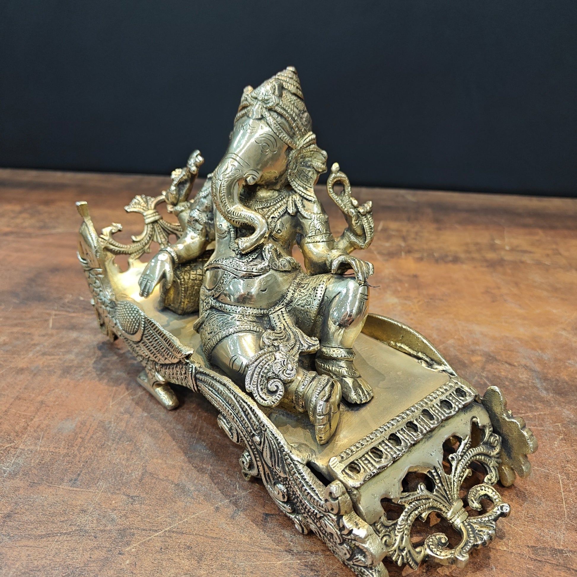 Brass Ganesha Idol Resting On Peacock Singhasan 10 Inch - Image 5