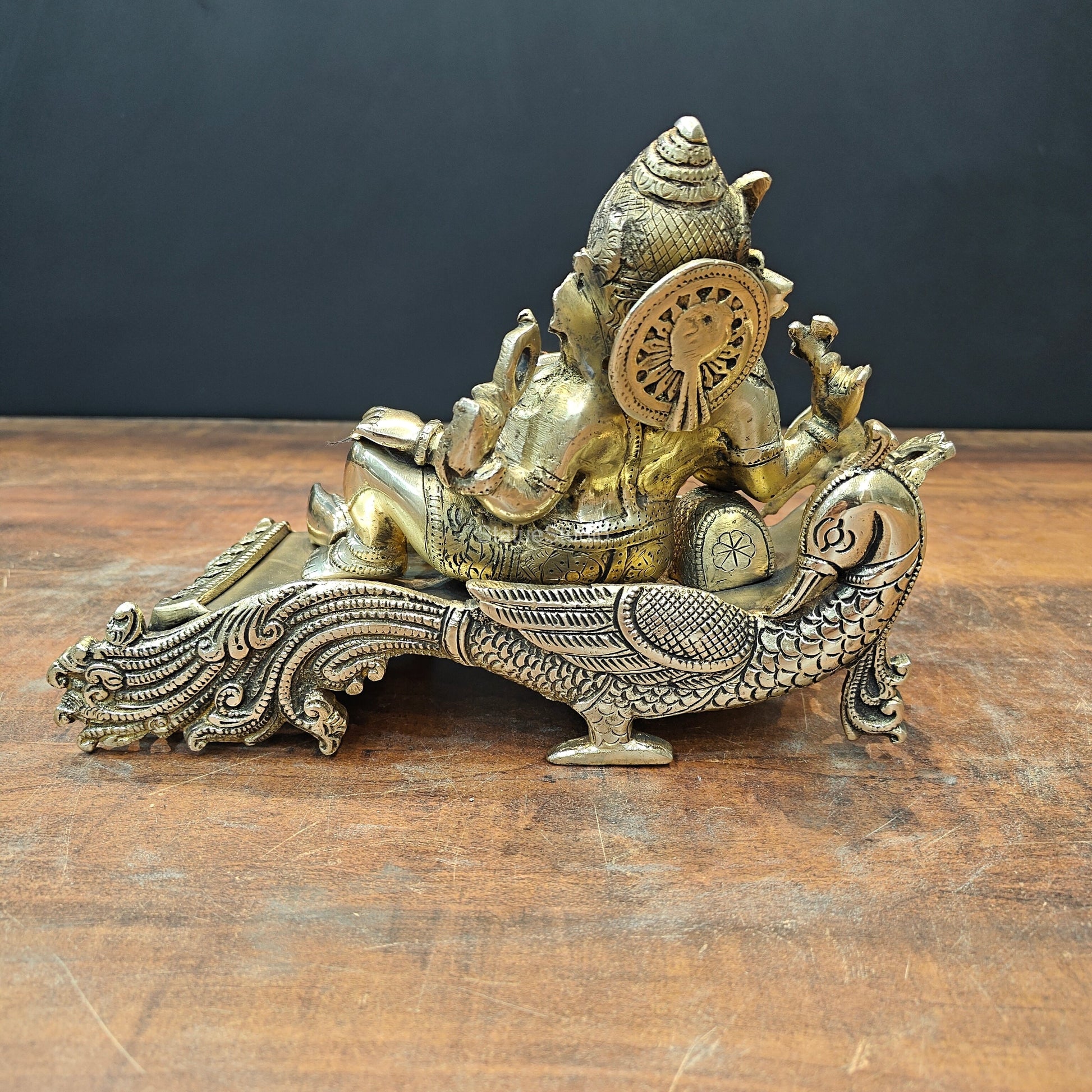 Brass Ganesha Idol Resting On Peacock Singhasan 10 Inch - Image 6