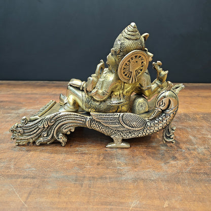 Brass Ganesha Idol Resting On Peacock Singhasan 10 Inch by vendor-unknown - Hindu Gods (View 6)