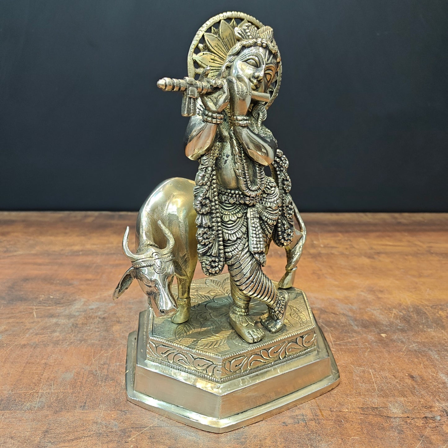 Brass Krishna With Cow Idol 12 Inch