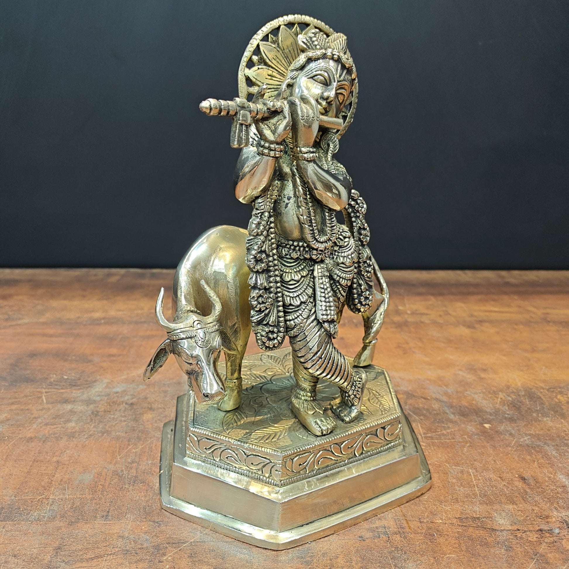 Brass Krishna With Cow Idol 12 Inch - Image 4