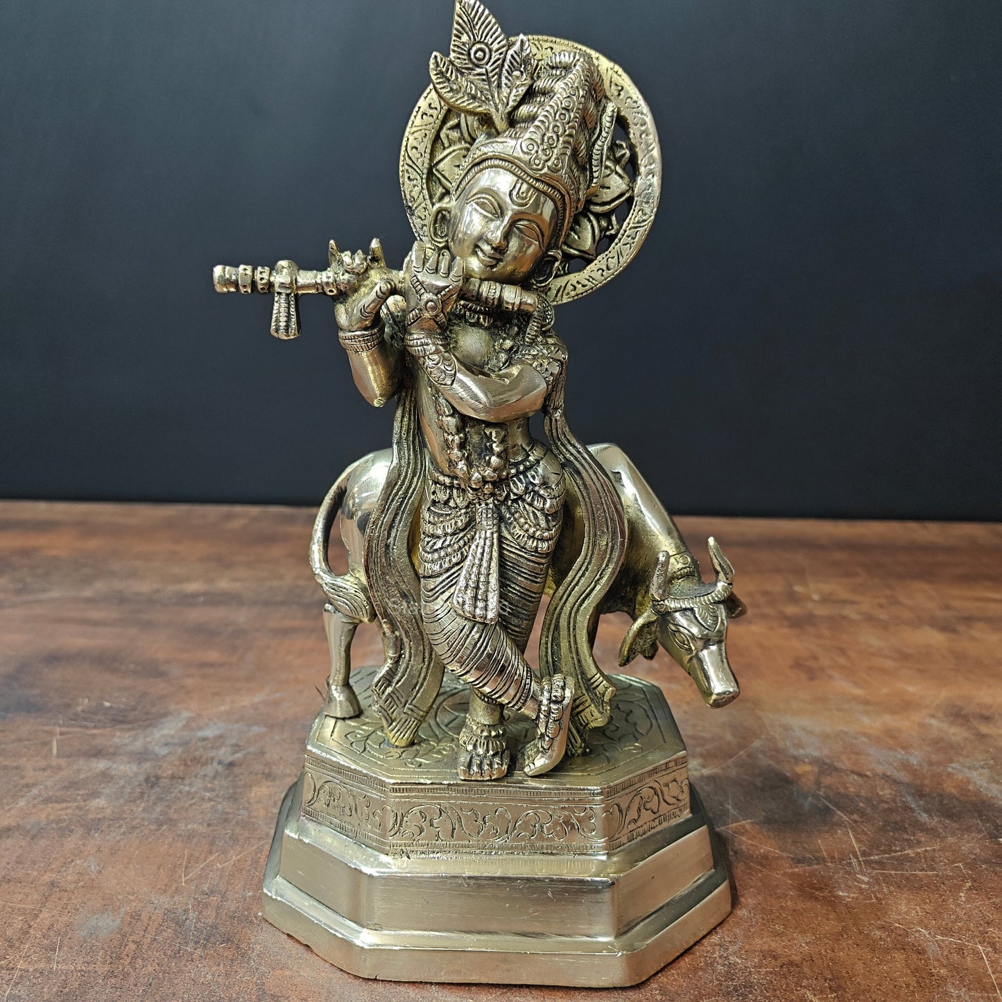 Brass Krishna With Cow Statue 10 Inch