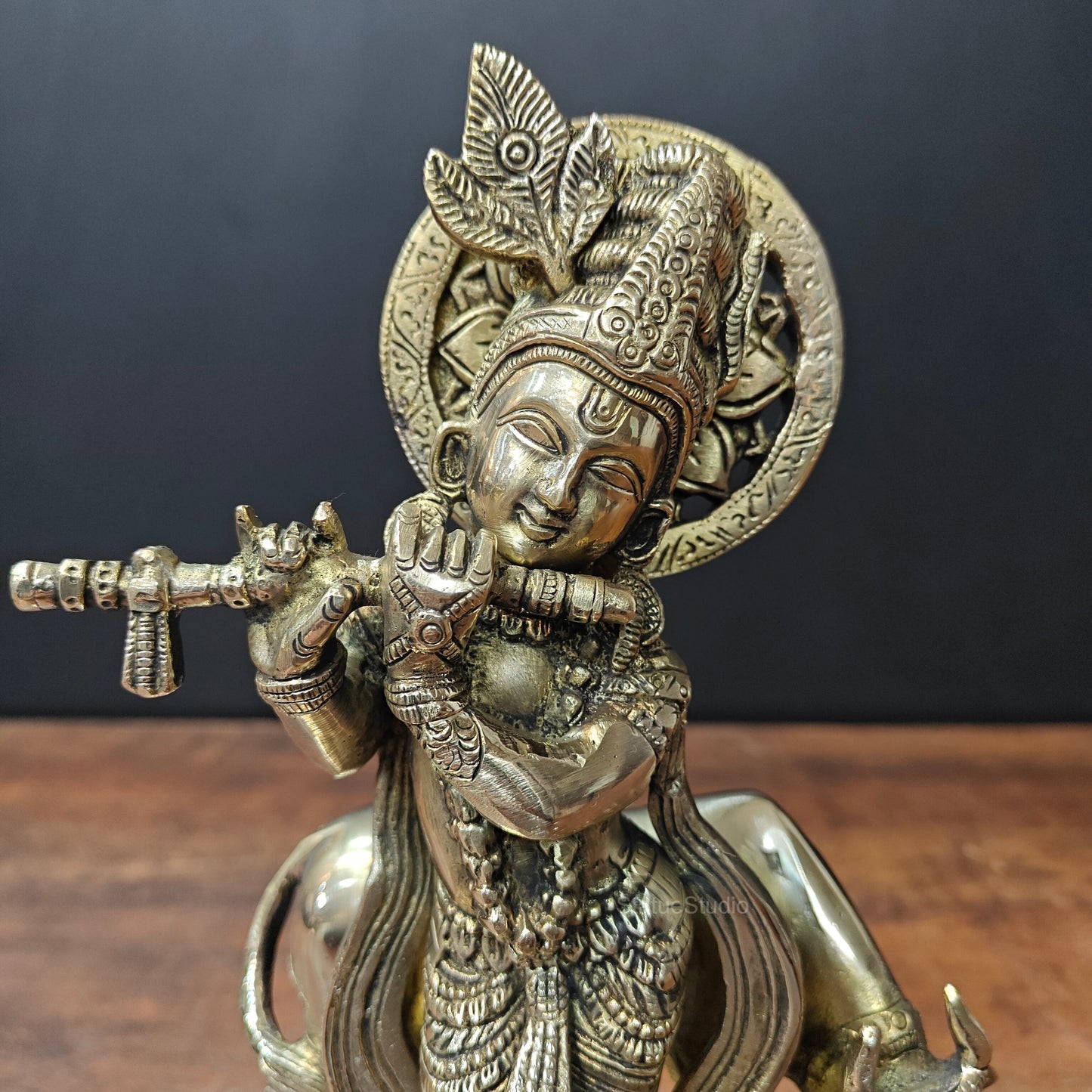 Brass Krishna With Cow Statue 10 Inch
