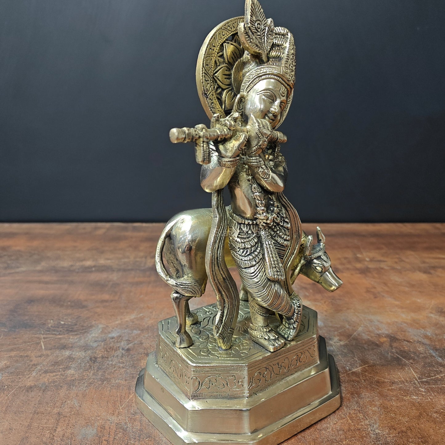 Brass Krishna With Cow Statue 10 Inch