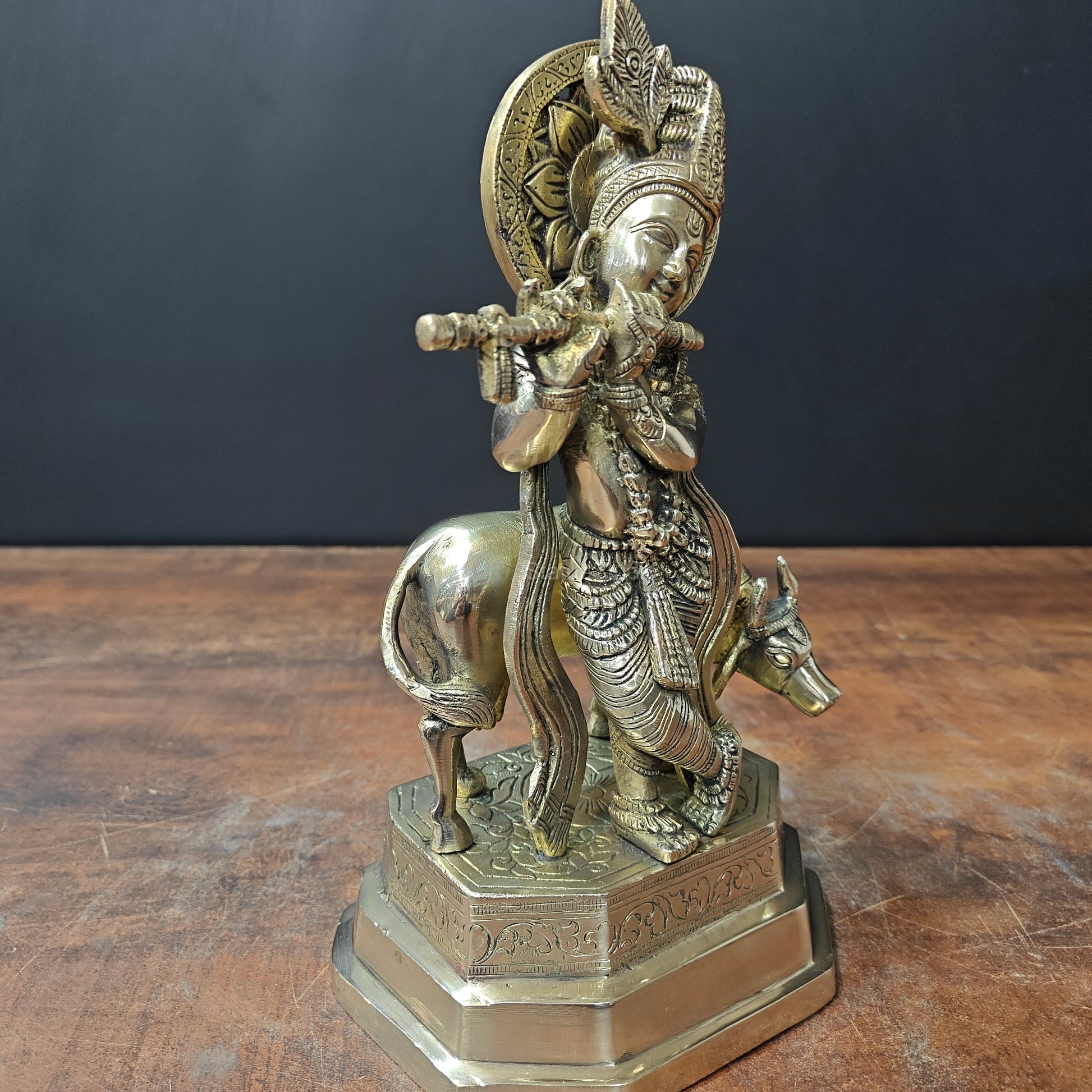 Brass Krishna With Cow Statue 10 Inch - Image 4