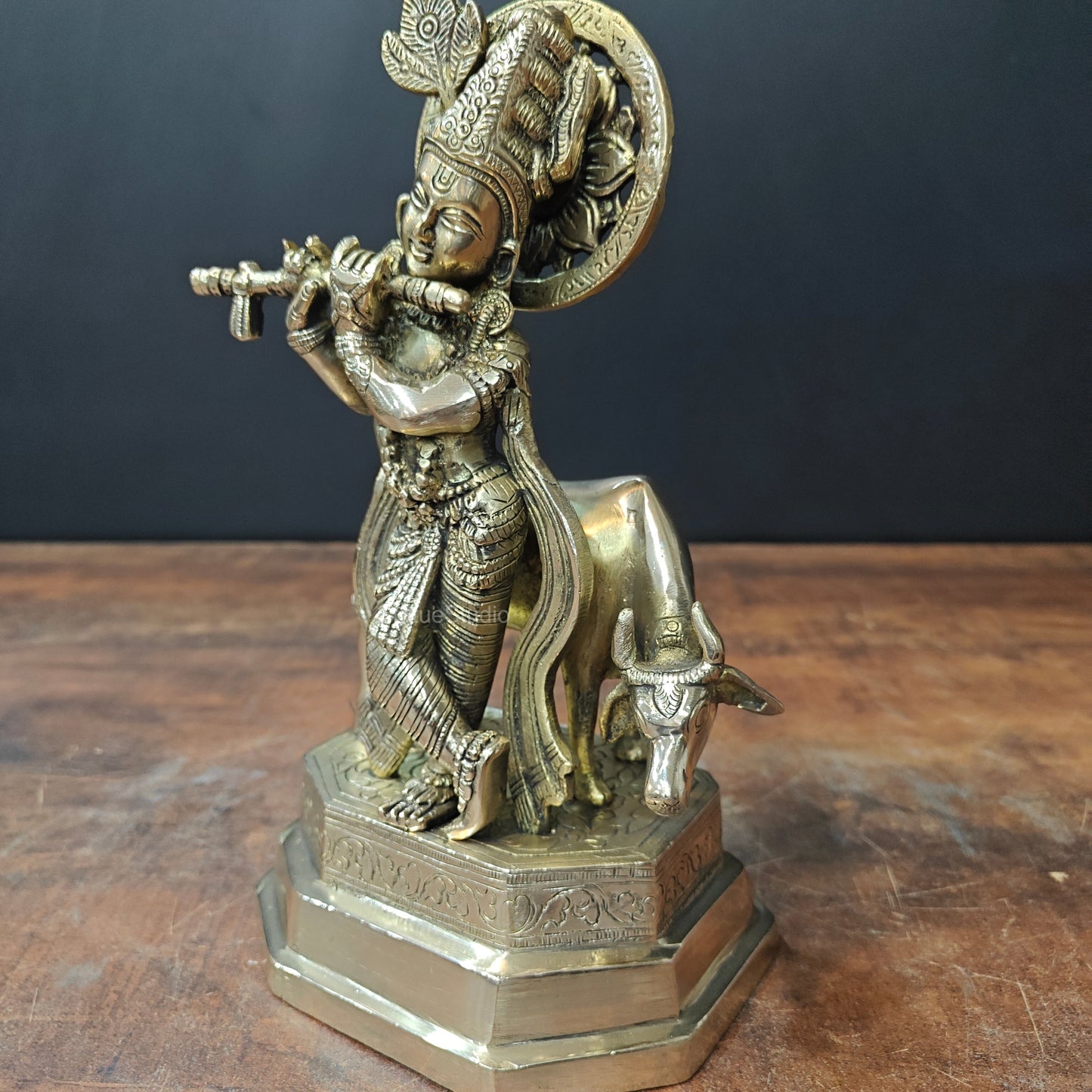 Brass Krishna With Cow Statue 10 Inch