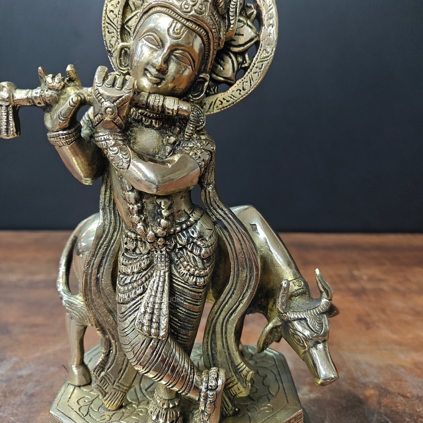 Brass Krishna With Cow Statue 10 Inch