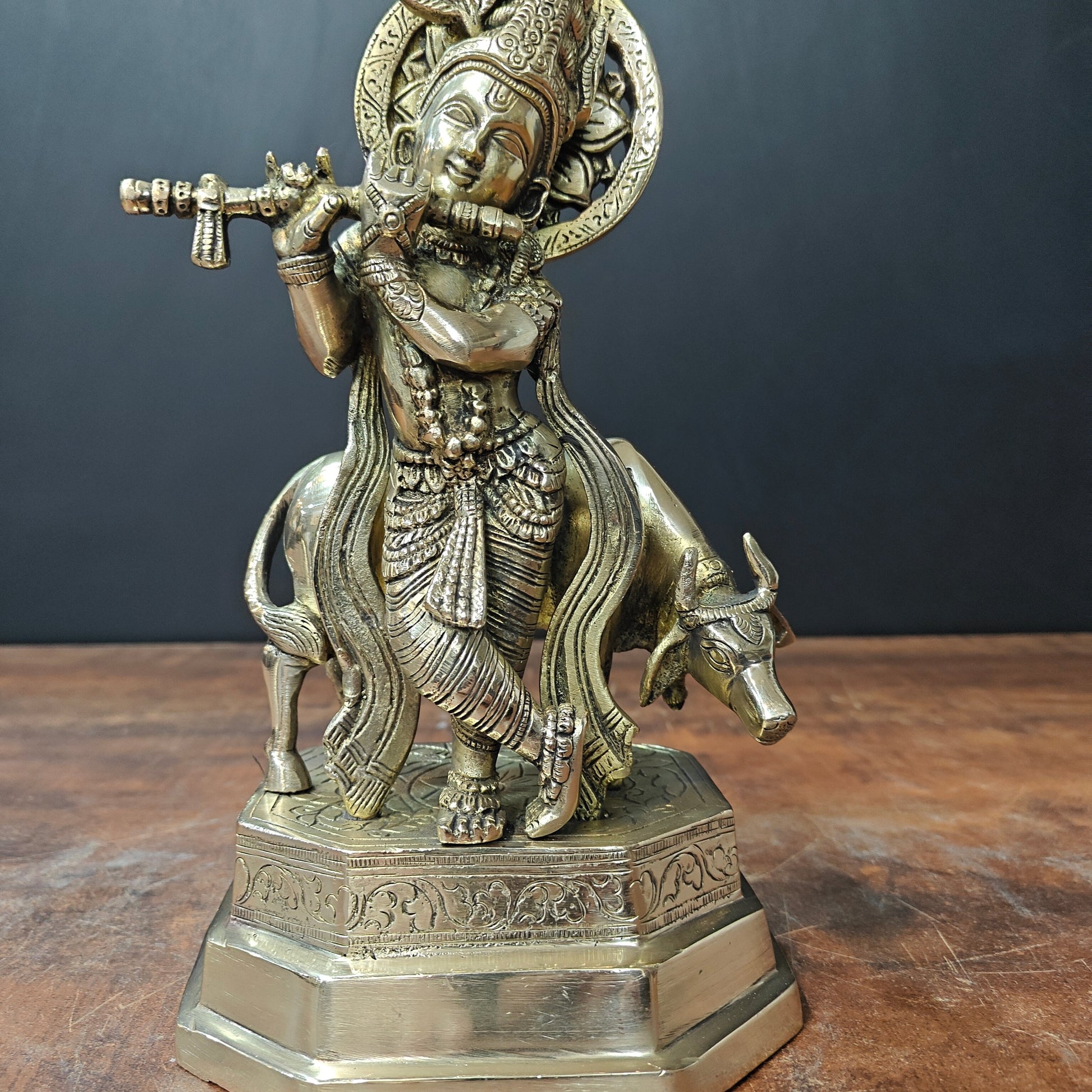 Brass Krishna With Cow Statue 10 Inch - Image 7