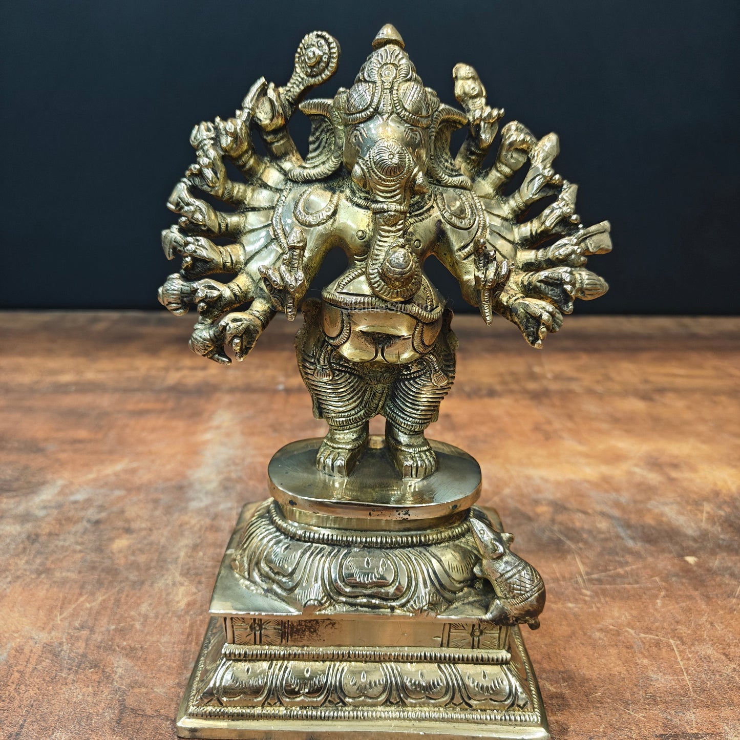 Brass Standing Lord Ganesha Idol with 16 Arms 9 Inch