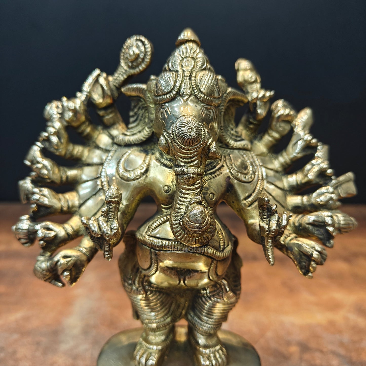 Brass Standing Lord Ganesha Idol with 16 Arms 9 Inch