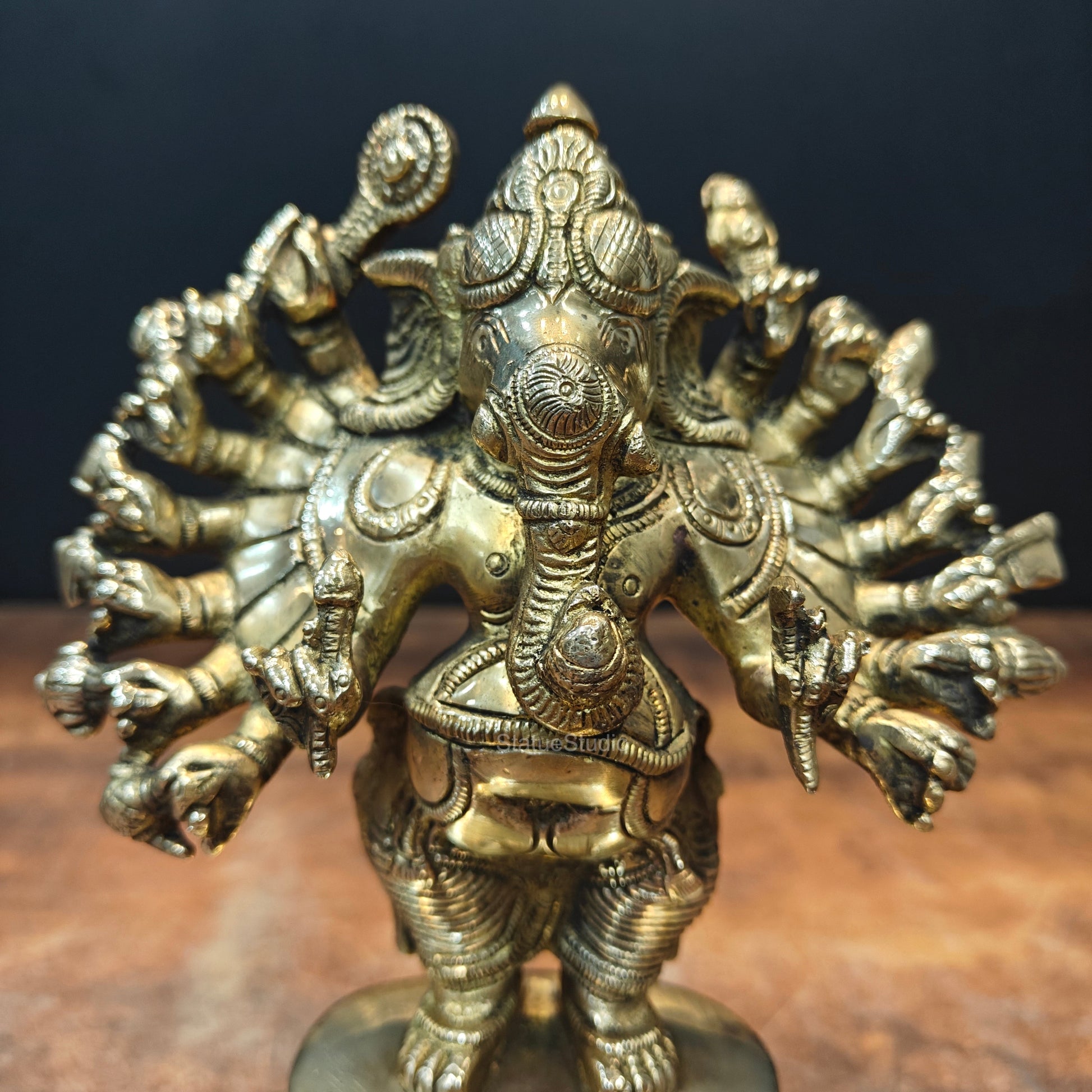 Brass Standing Lord Ganesha Idol with 16 Arms 9 Inch - Image 2