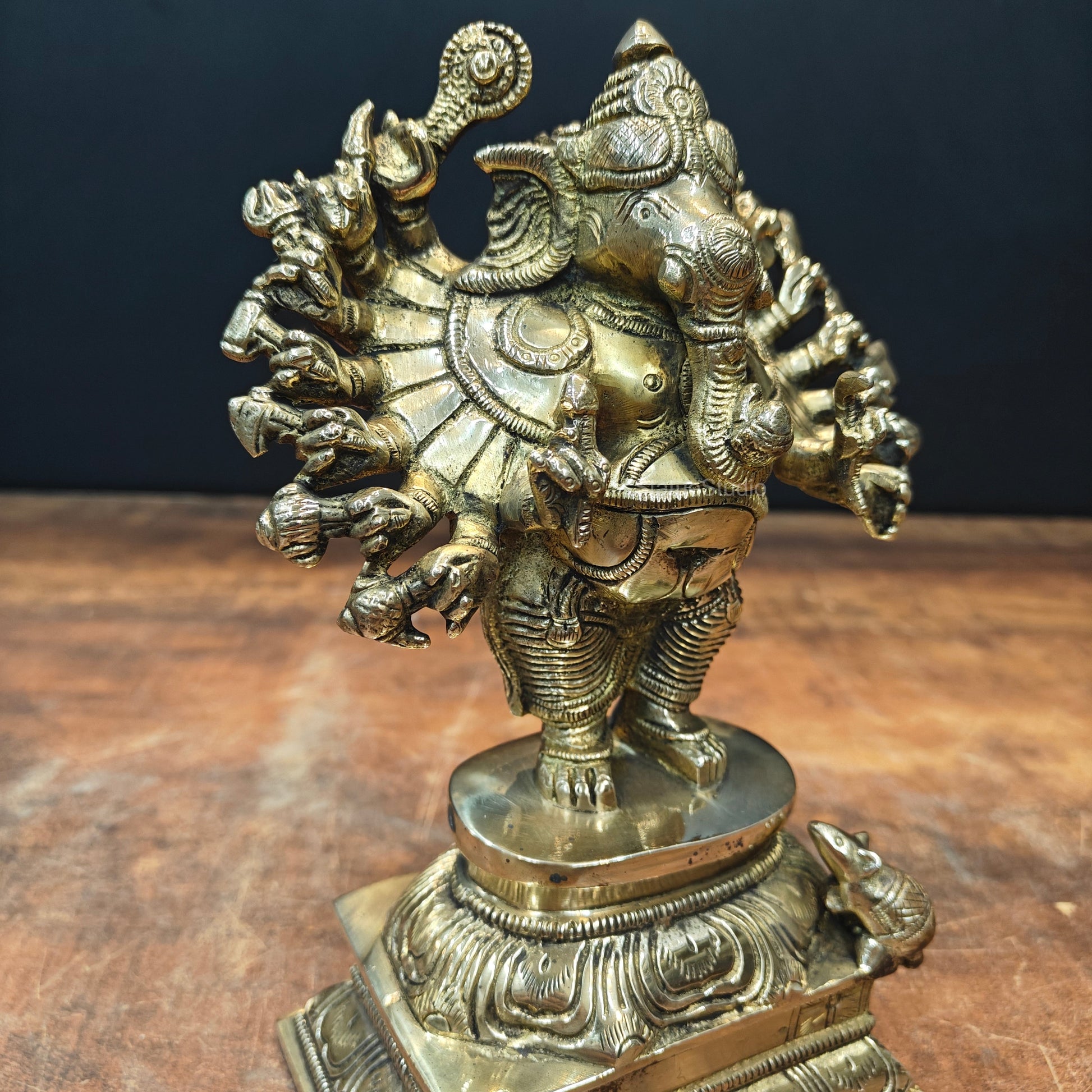 Brass Standing Lord Ganesha Idol with 16 Arms 9 Inch - Image 4