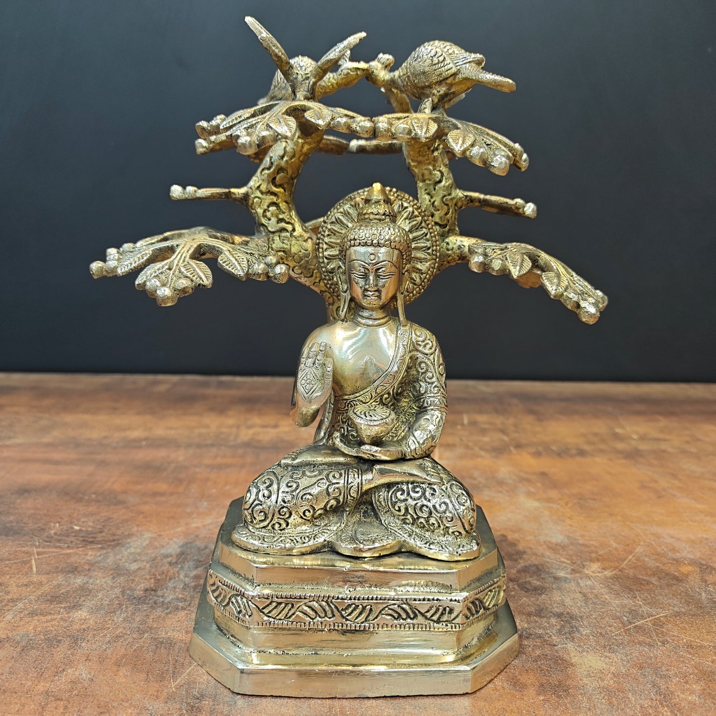 Brass Buddha Idol Under Boddhi Tree 10 Inch