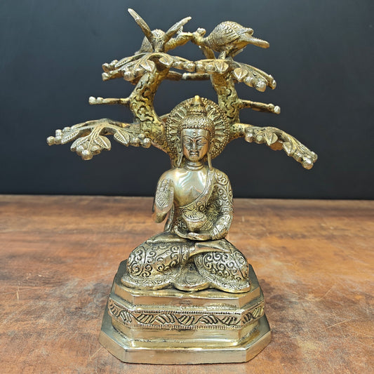 Brass Buddha Idol Under Boddhi Tree 10 Inch