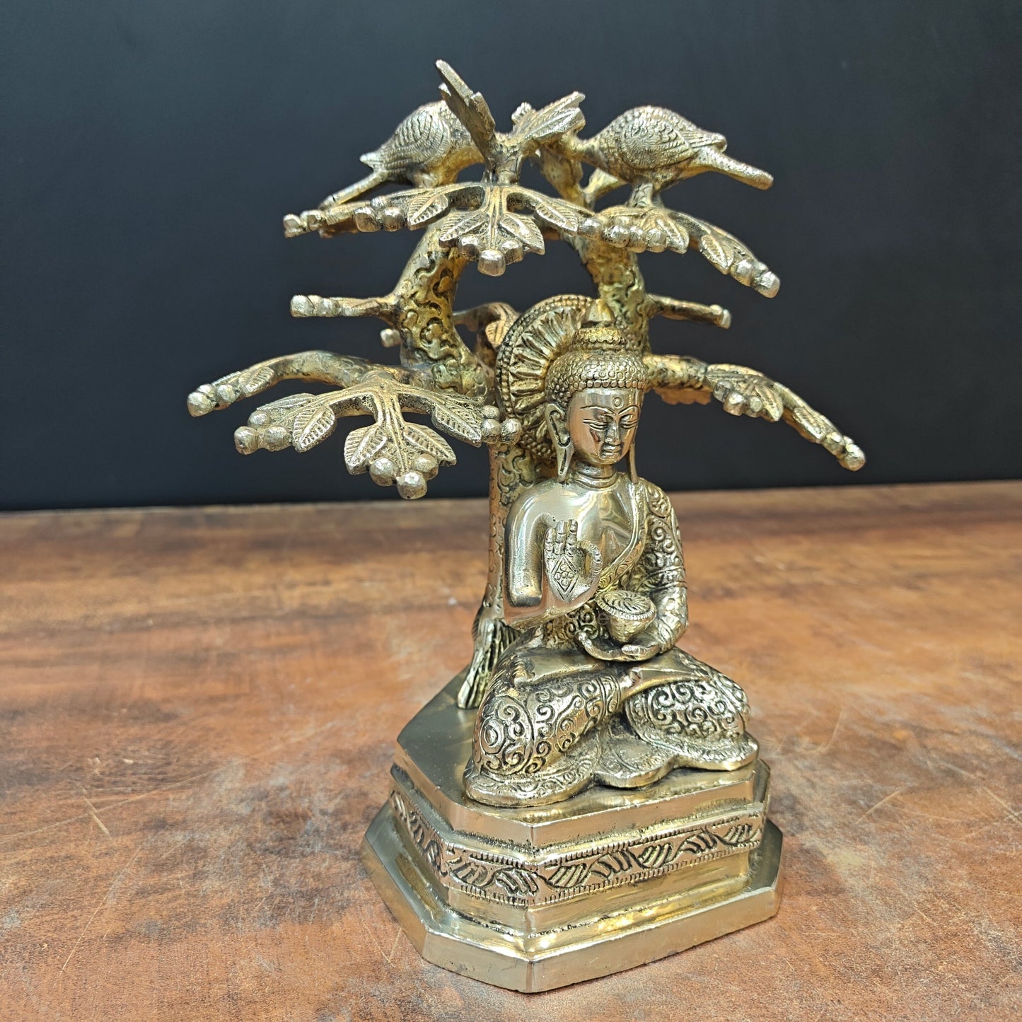 Brass Buddha Idol Under Boddhi Tree 10 Inch