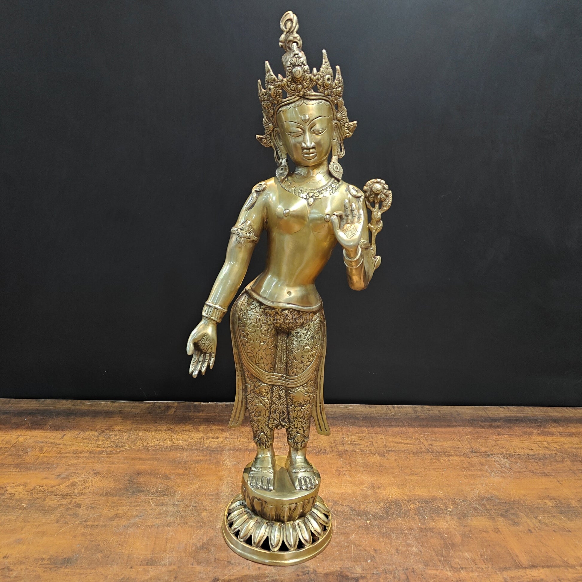 Brass Standing Tara Devi Statue Buddhist Idol 2.5 Feet - Eco-friendly - Sama Homes