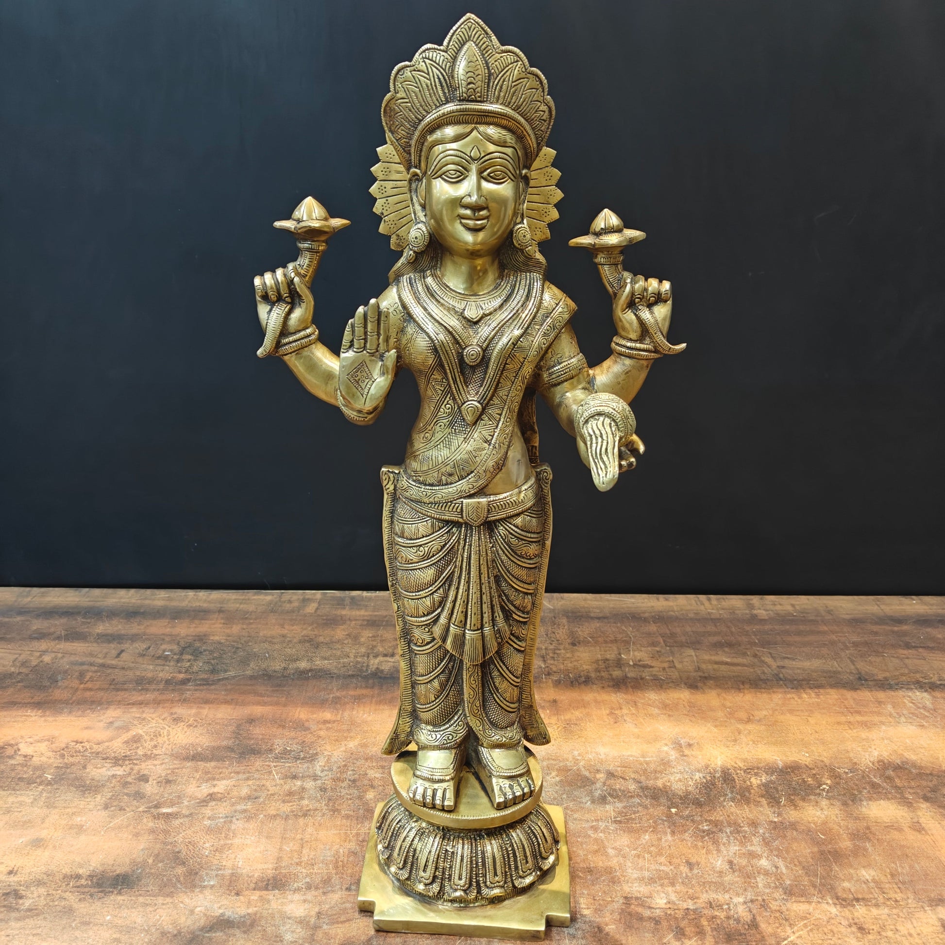 Brass Goddess Standing Lakshmi Idol For Home Decor 2 Feet - Eco-friendly - Sama Homes