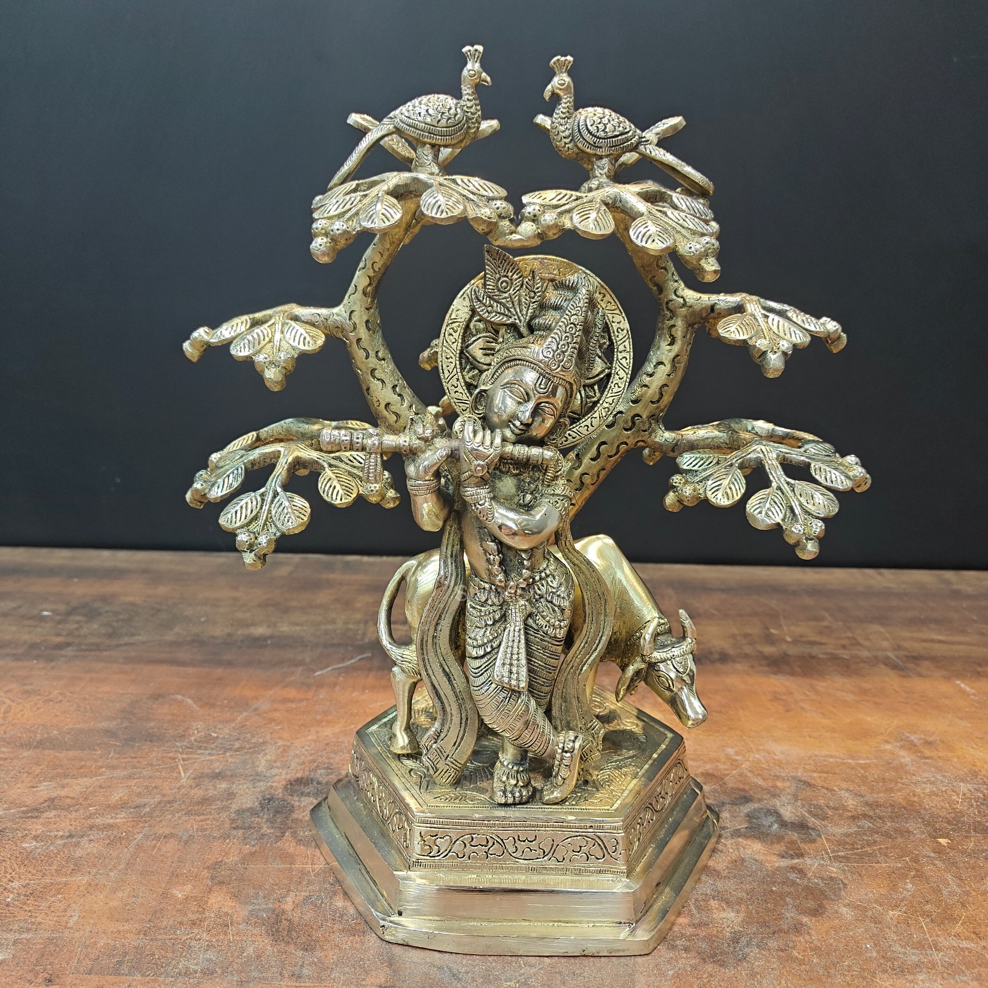 Brass Krishna With Cow Idol Under Kadamba Tree 14 Inch - Image 3