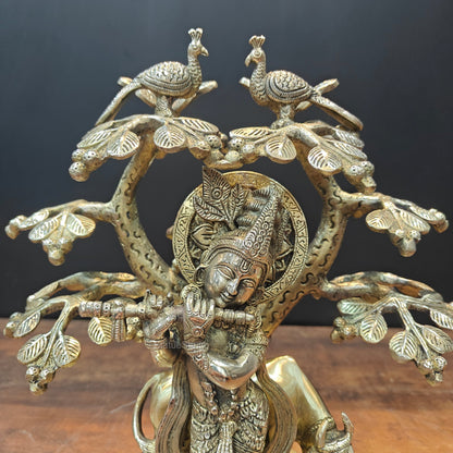 Brass Krishna With Cow Idol Under Kadamba Tree 14 Inch by vendor-unknown - Hindu Gods (View 2)