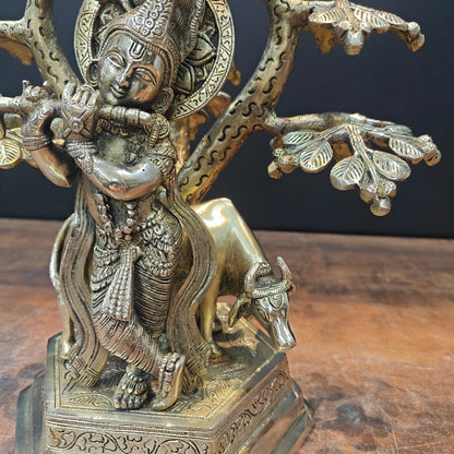 Brass Krishna With Cow Idol Under Kadamba Tree 14 Inch by vendor-unknown - Hindu Gods (View 4)