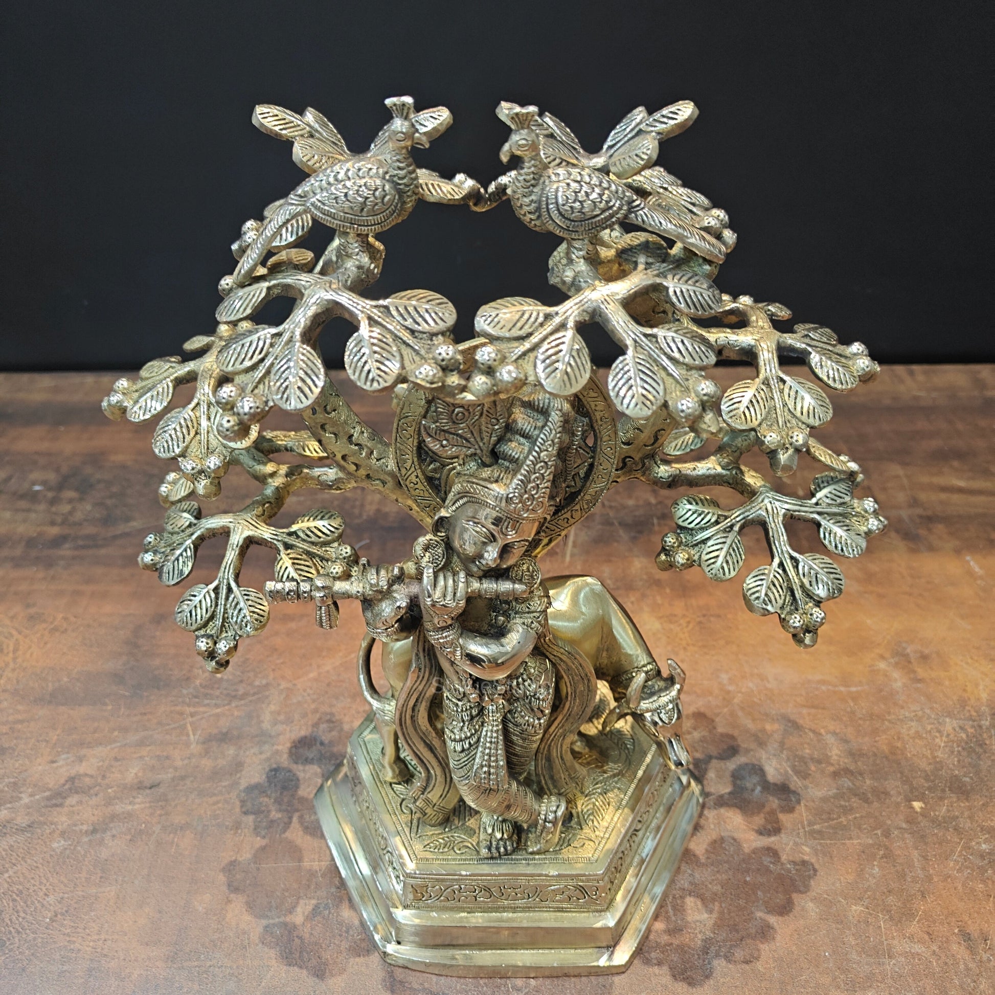 Brass Krishna With Cow Idol Under Kadamba Tree 14 Inch - Image 5