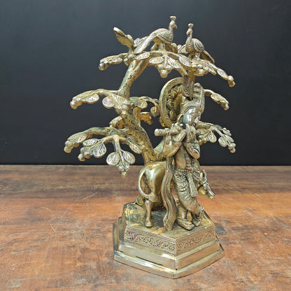 Brass Krishna With Cow Idol Under Kadamba Tree 14 Inch by vendor-unknown - Hindu Gods (View 7)