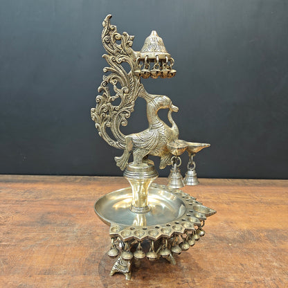 Brass Peacock Diya Oil Lamp 17" by vendor-unknown - Spiritual