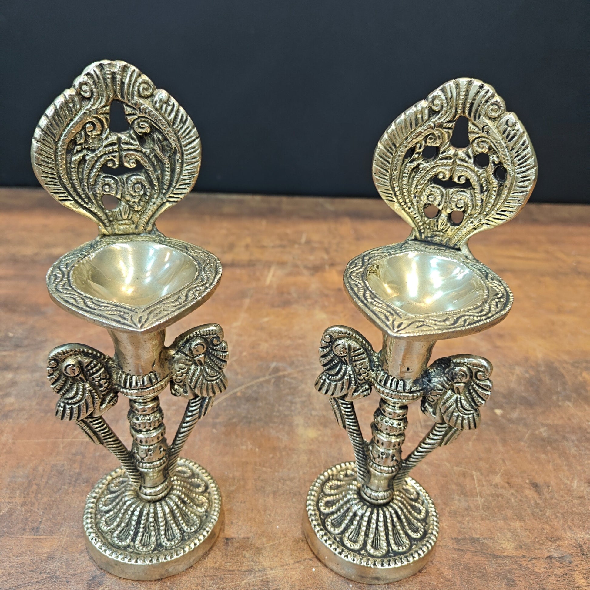 Brass Oil Lamp Diya Pair For Home Temple Decor Showpiece 9 Inch - Image 3