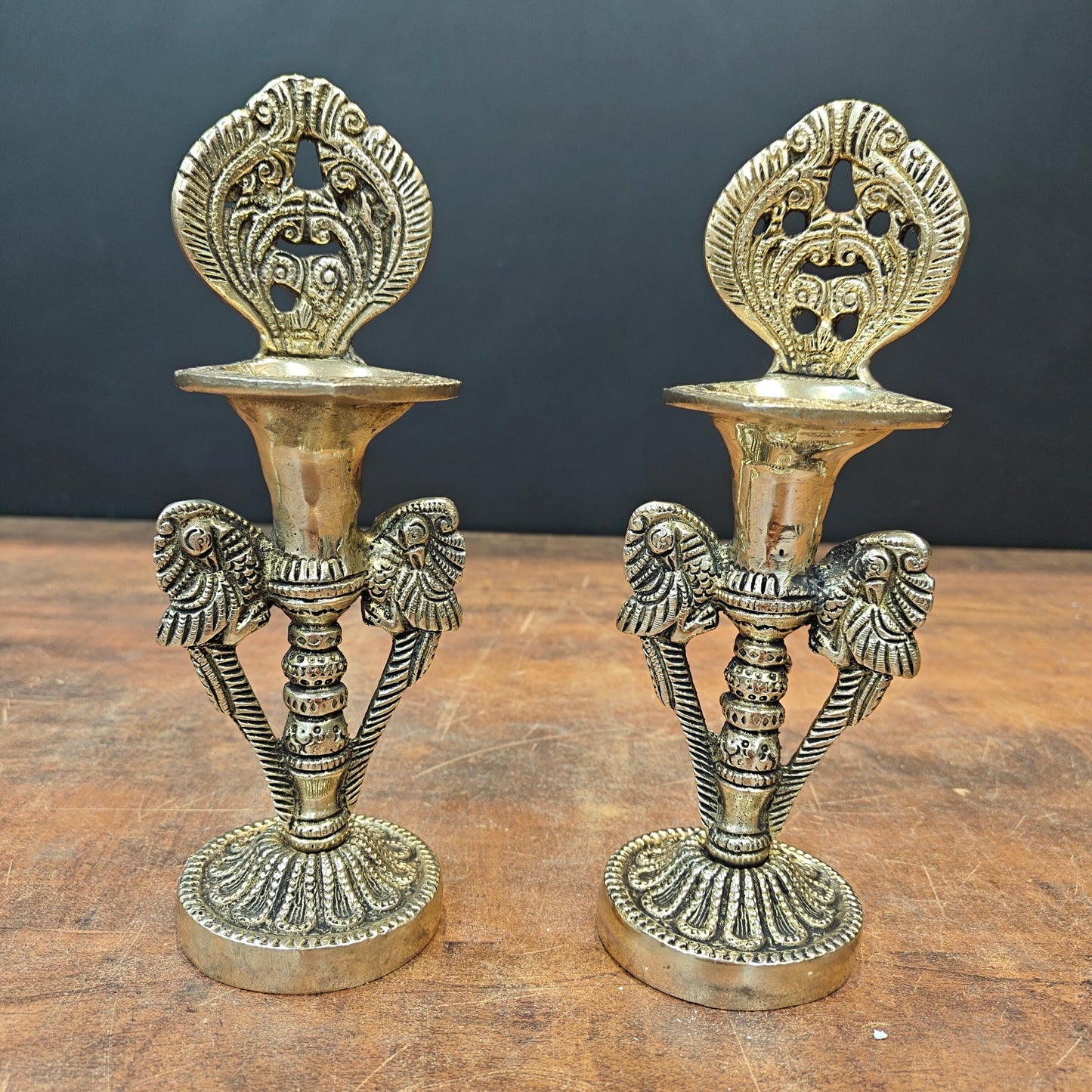 Brass Oil Lamp Diya Pair For Home Temple Decor Showpiece 9 Inch