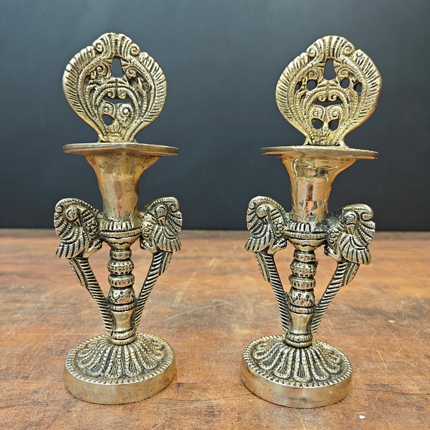 Brass Oil Lamp Diya Pair For Home Temple Decor Showpiece 9 Inch