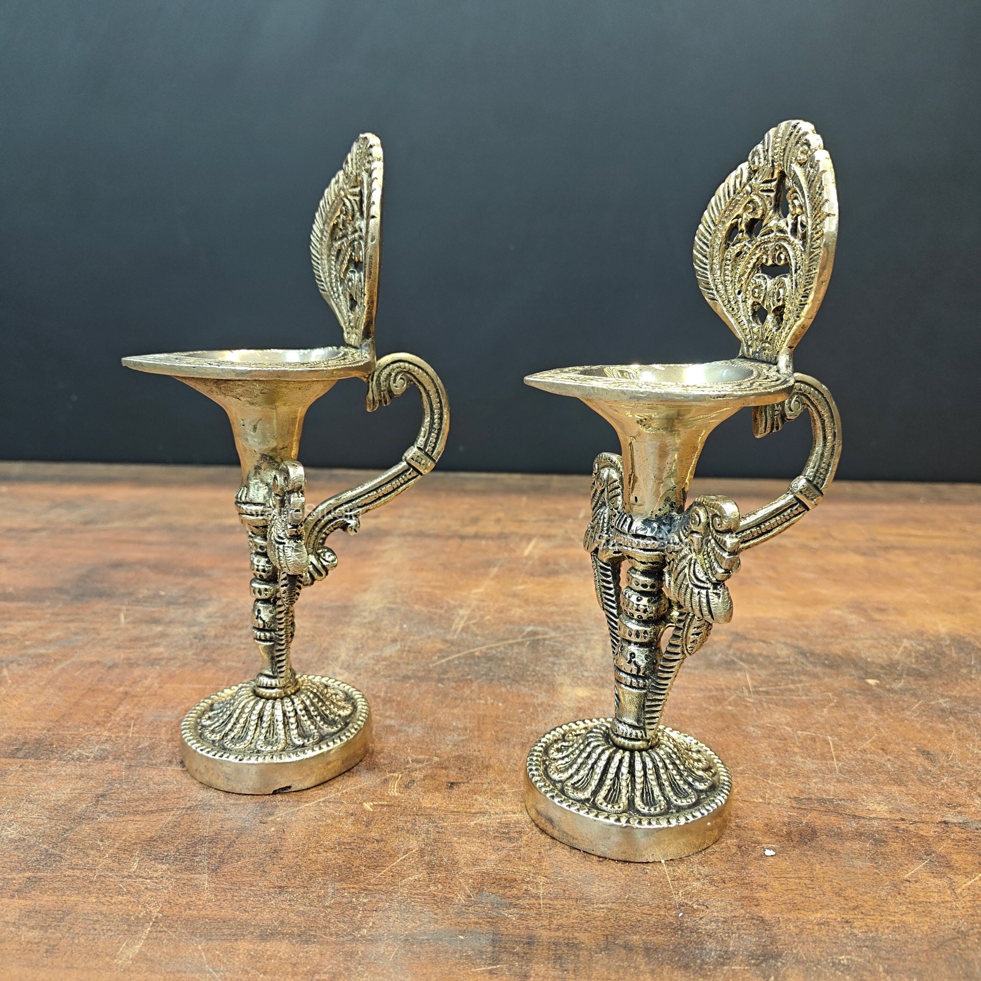 Brass Oil Lamp Diya Pair For Home Temple Decor Showpiece 9 Inch - Image 6