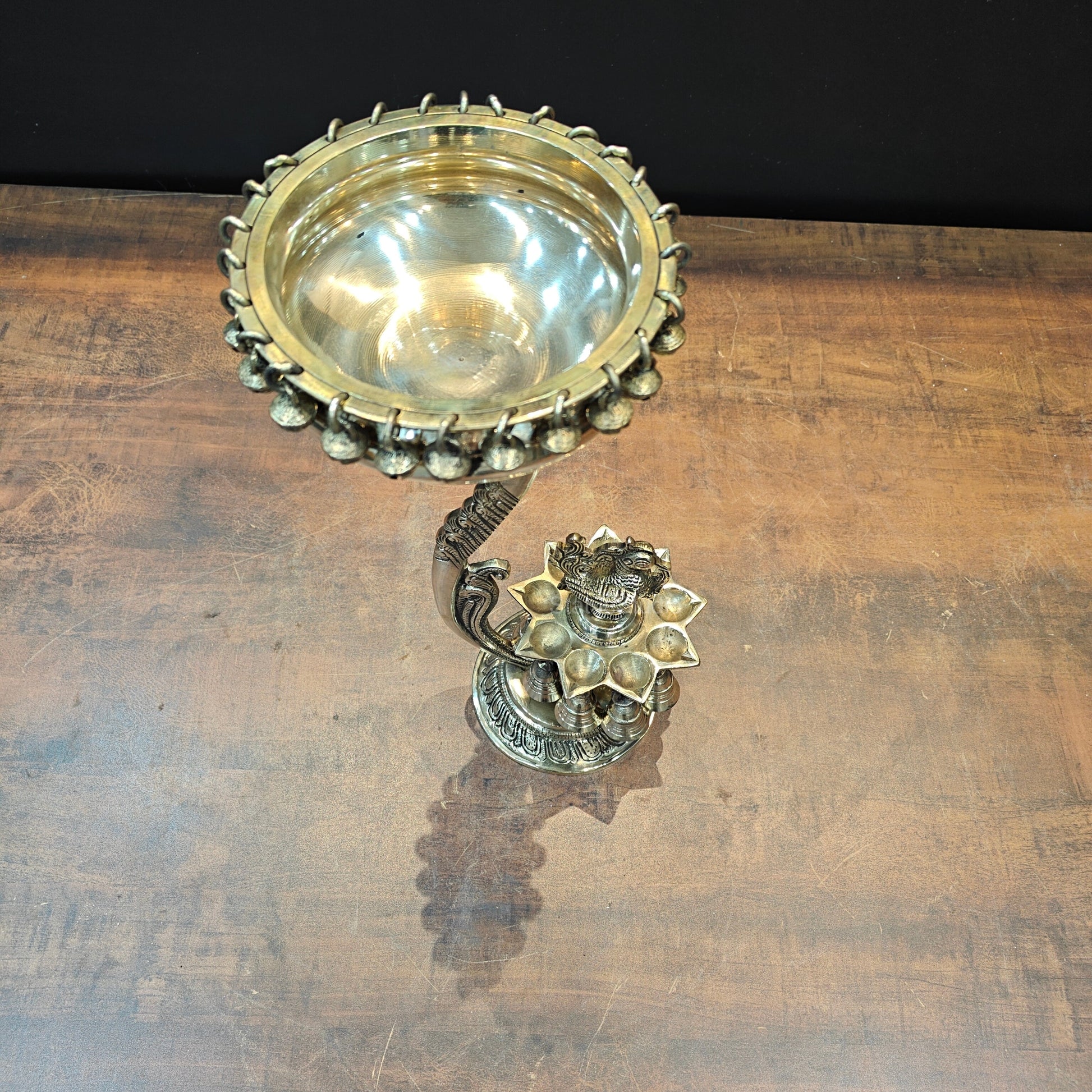 Brass Antique Peacock Urli with Diya and Hanging Bells 15'' - Image 2