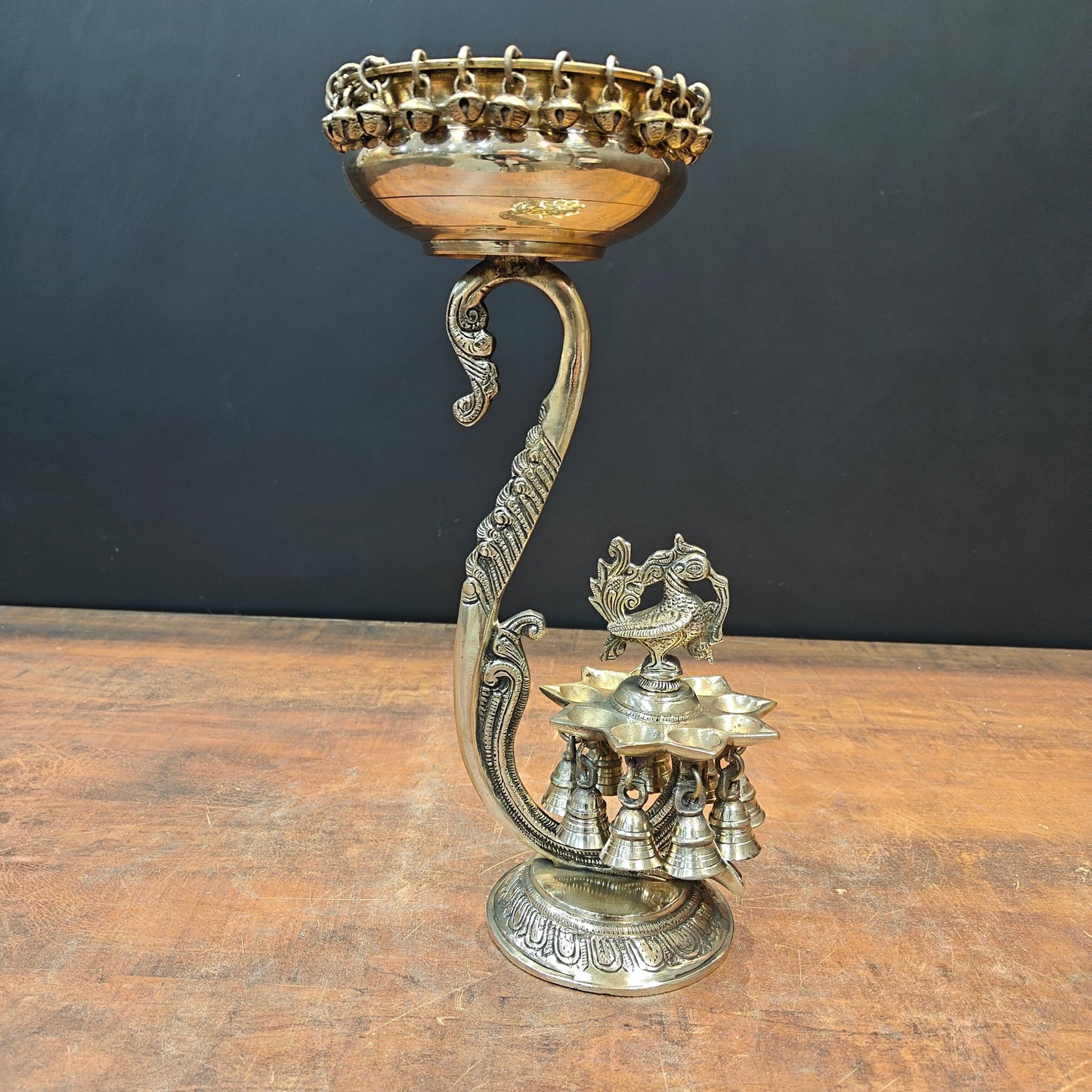 Brass Antique Peacock Urli with Diya and Hanging Bells 15''