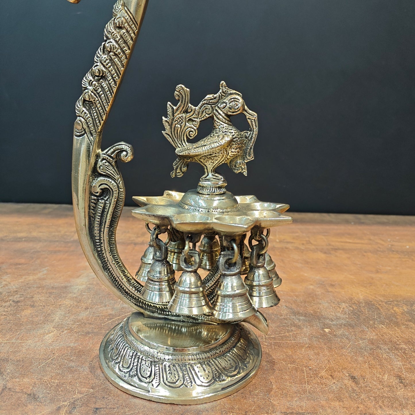 Brass Antique Peacock Urli with Diya and Hanging Bells 15''
