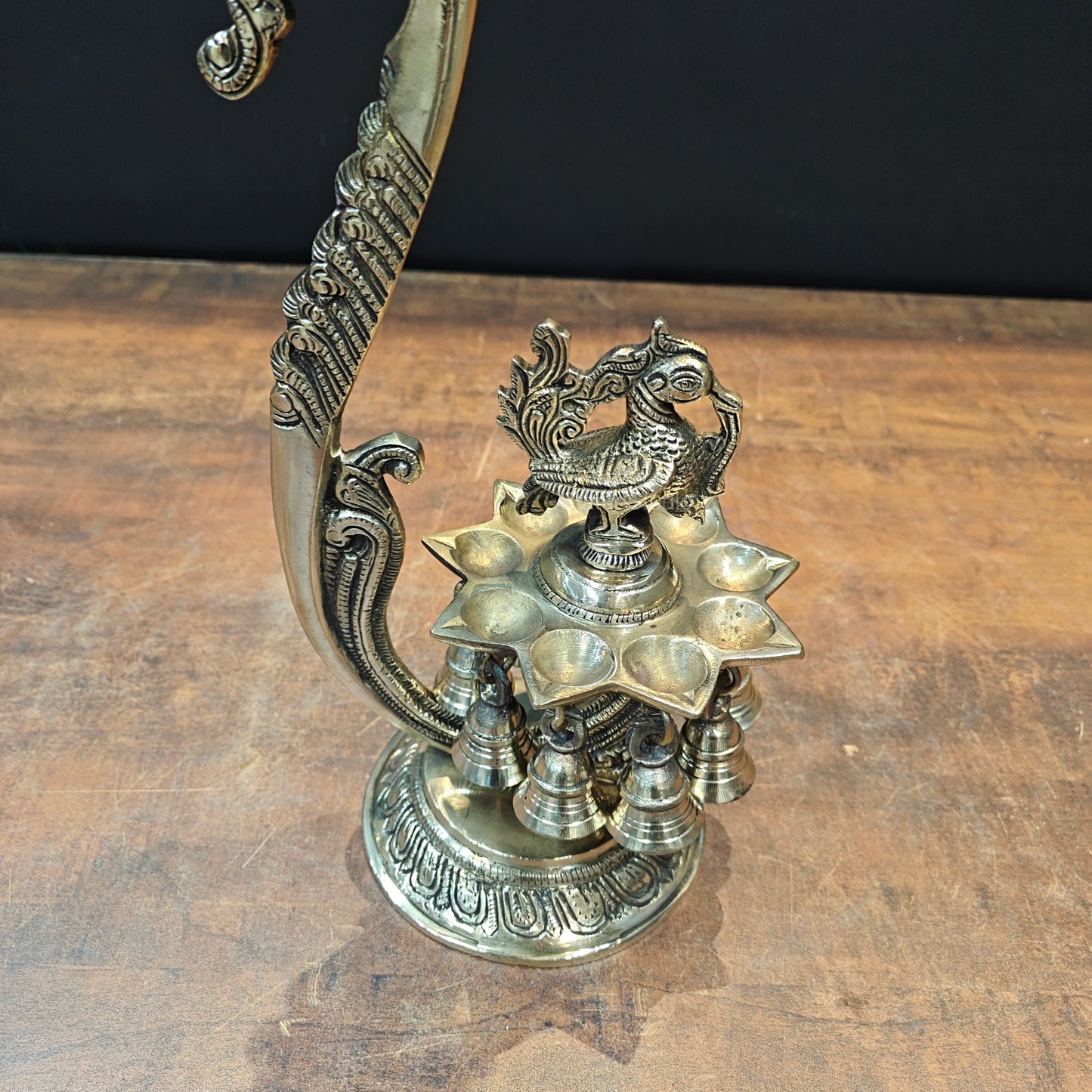 Brass Antique Peacock Urli with Diya and Hanging Bells 15''