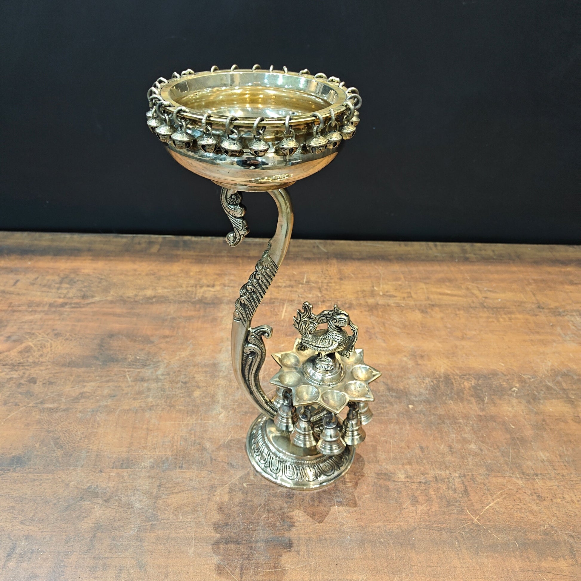Brass Antique Peacock Urli with Diya and Hanging Bells 15'' - Image 6