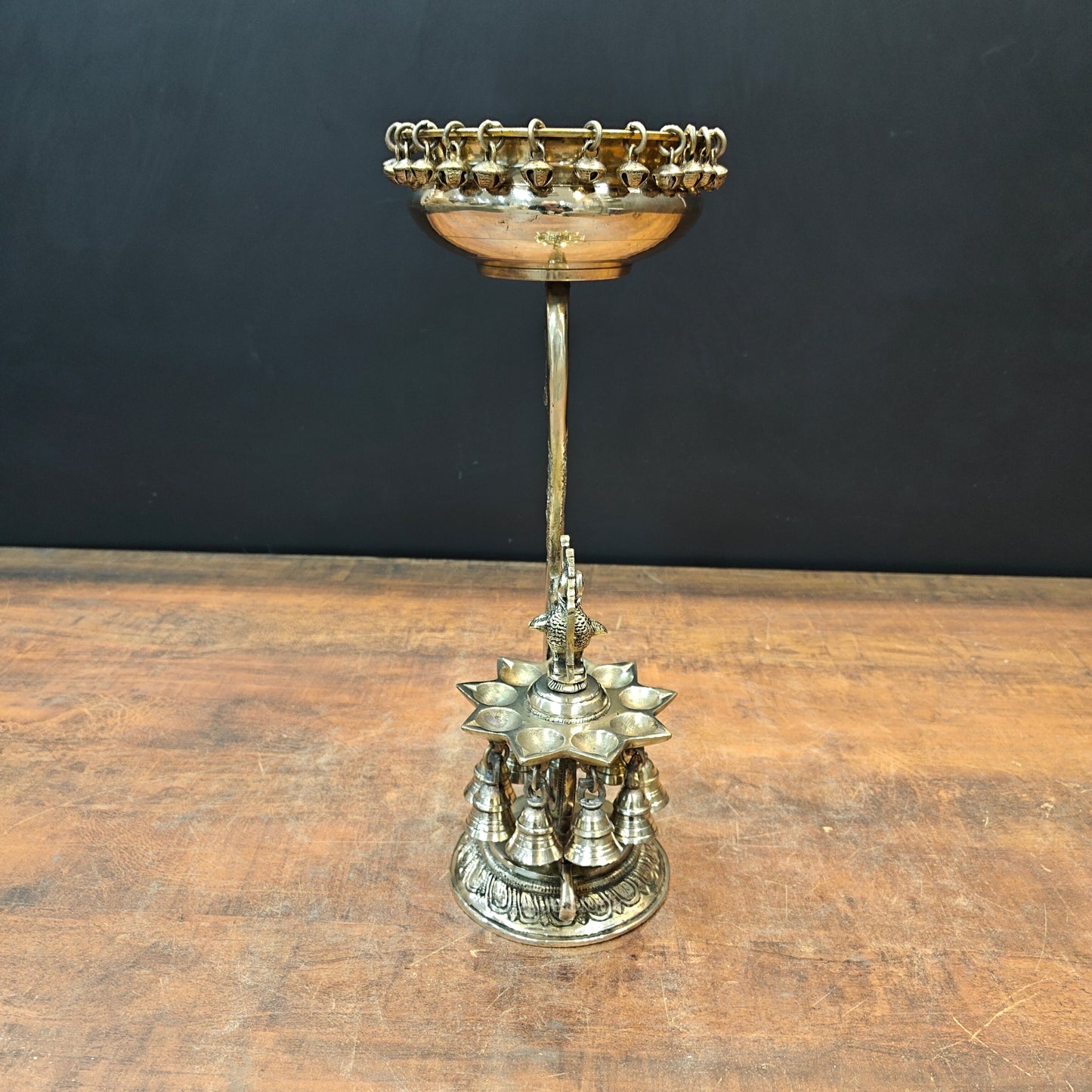 Brass Antique Peacock Urli with Diya and Hanging Bells 15''
