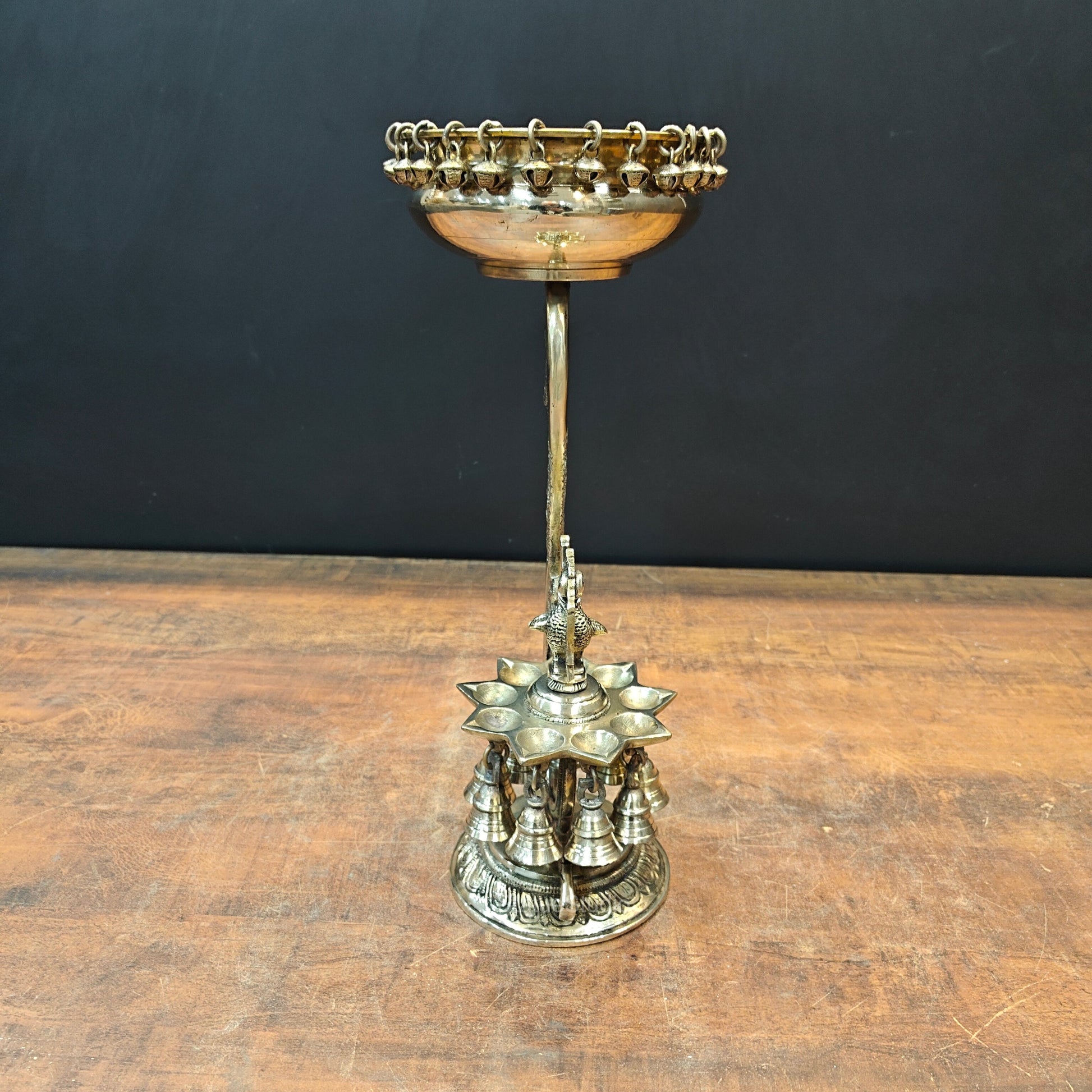 Brass Antique Peacock Urli with Diya and Hanging Bells 15'' - Image 7