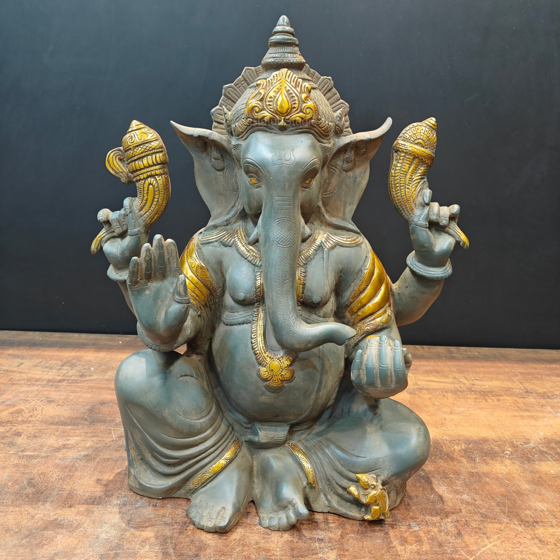 Brass Ganpati Idol In Antique Gold Finish 21 inches - Image 5