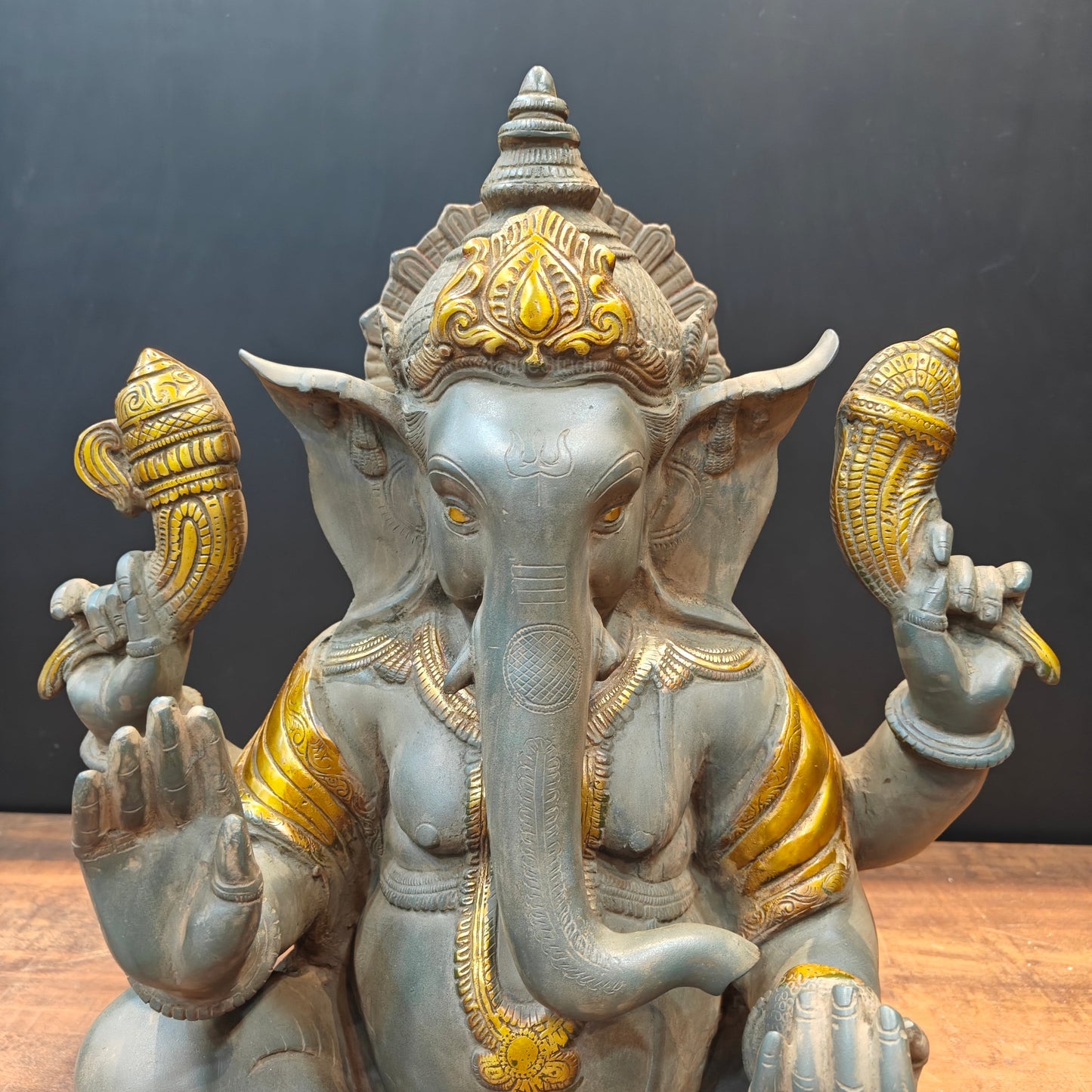 Brass Ganpati Idol In Antique Gold Finish 21 inches